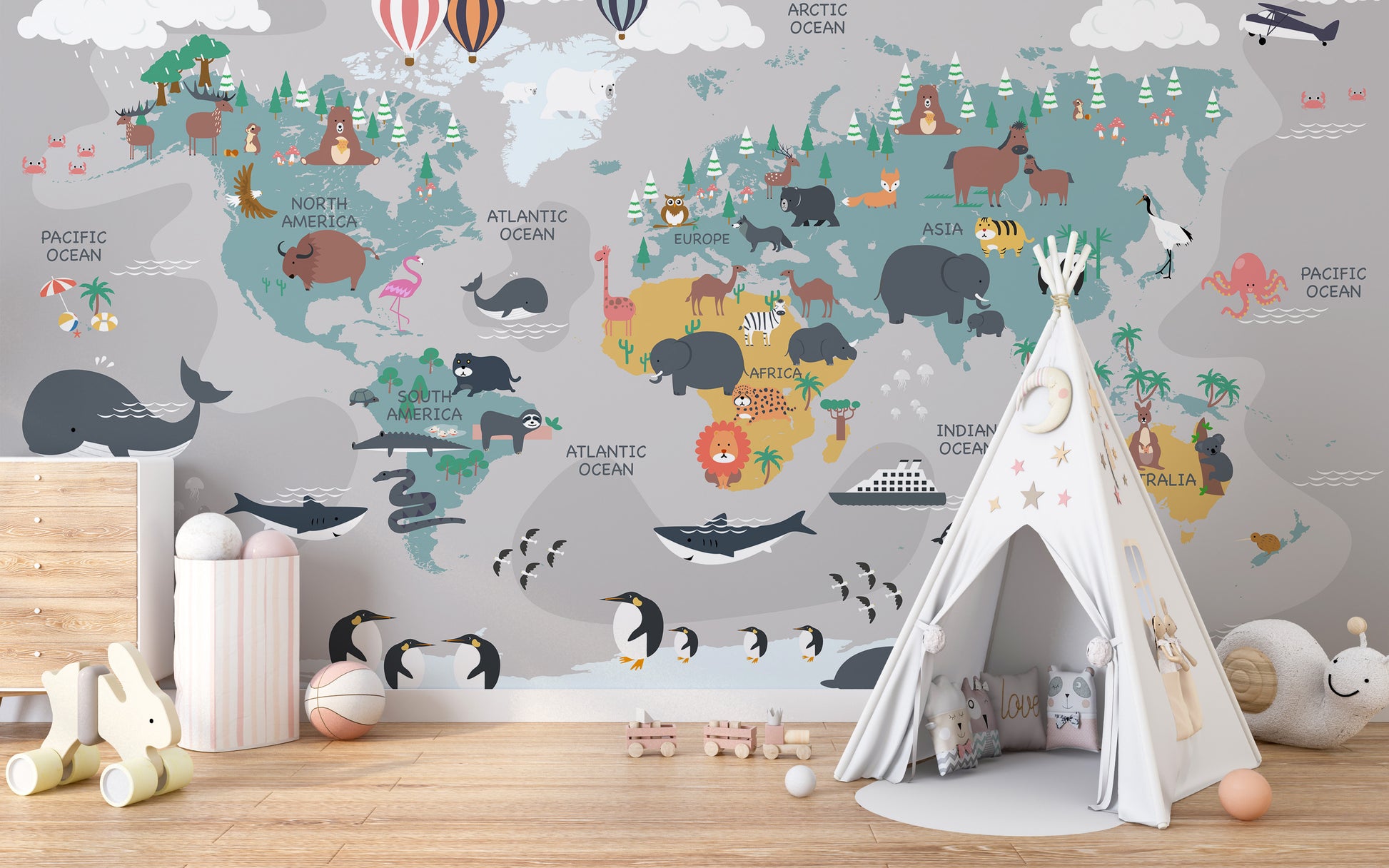 Cartoon-themed world map wallpaper design