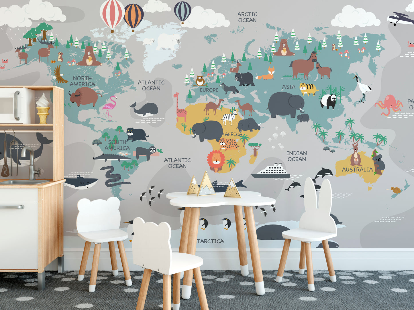 Educational animal map mural with global regions