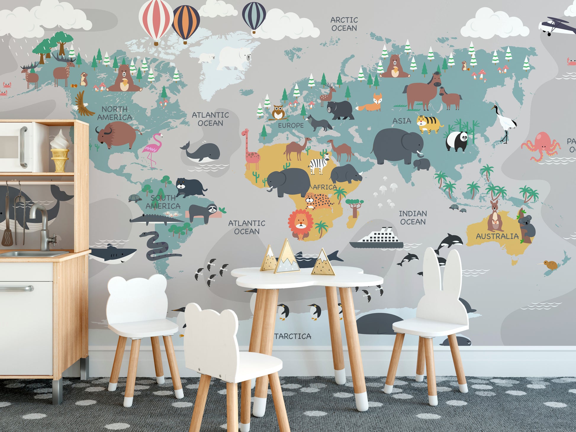 Educational animal map mural with global regions