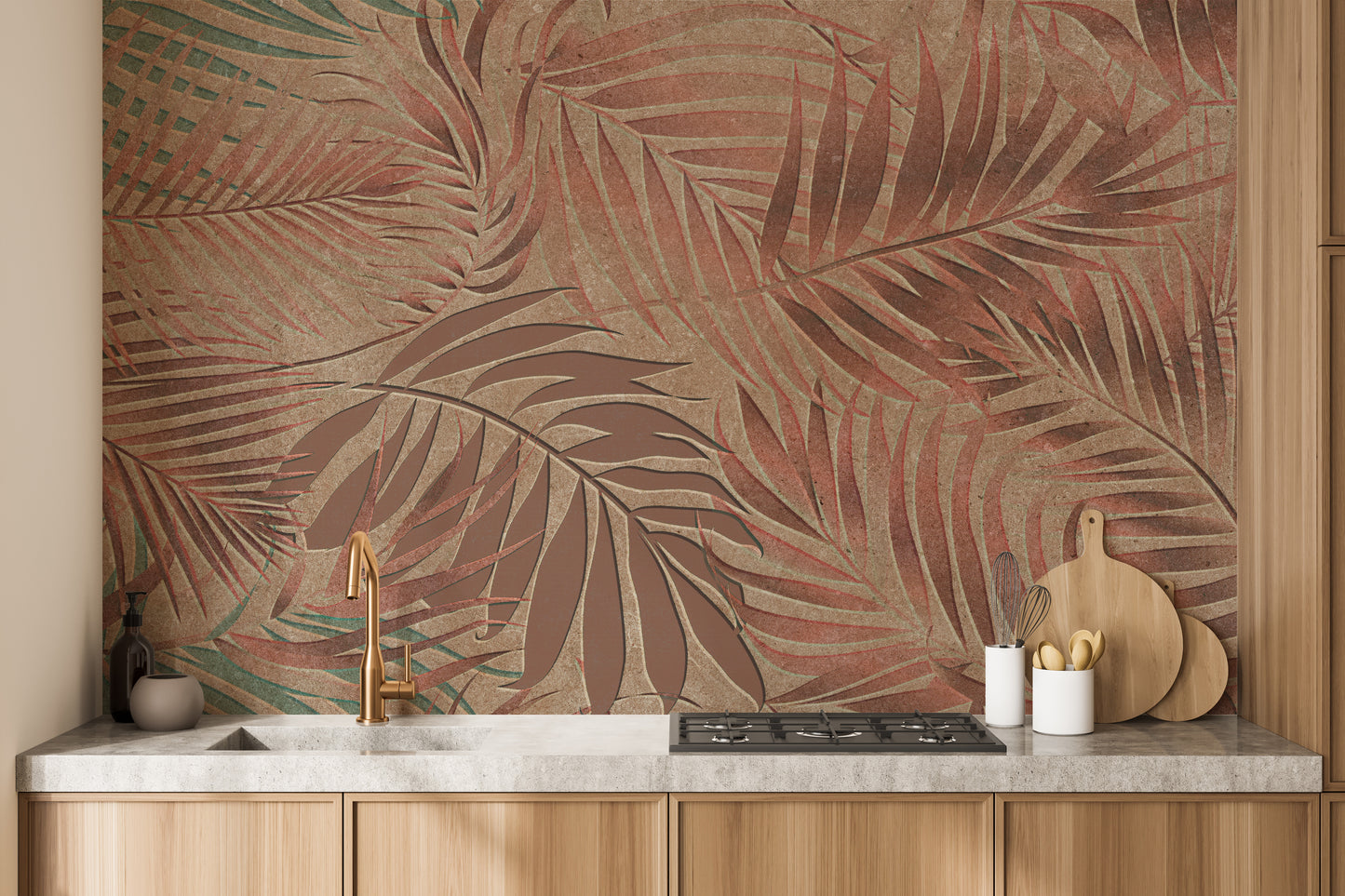 Exotic tropical leaves wallpaper in copper hue