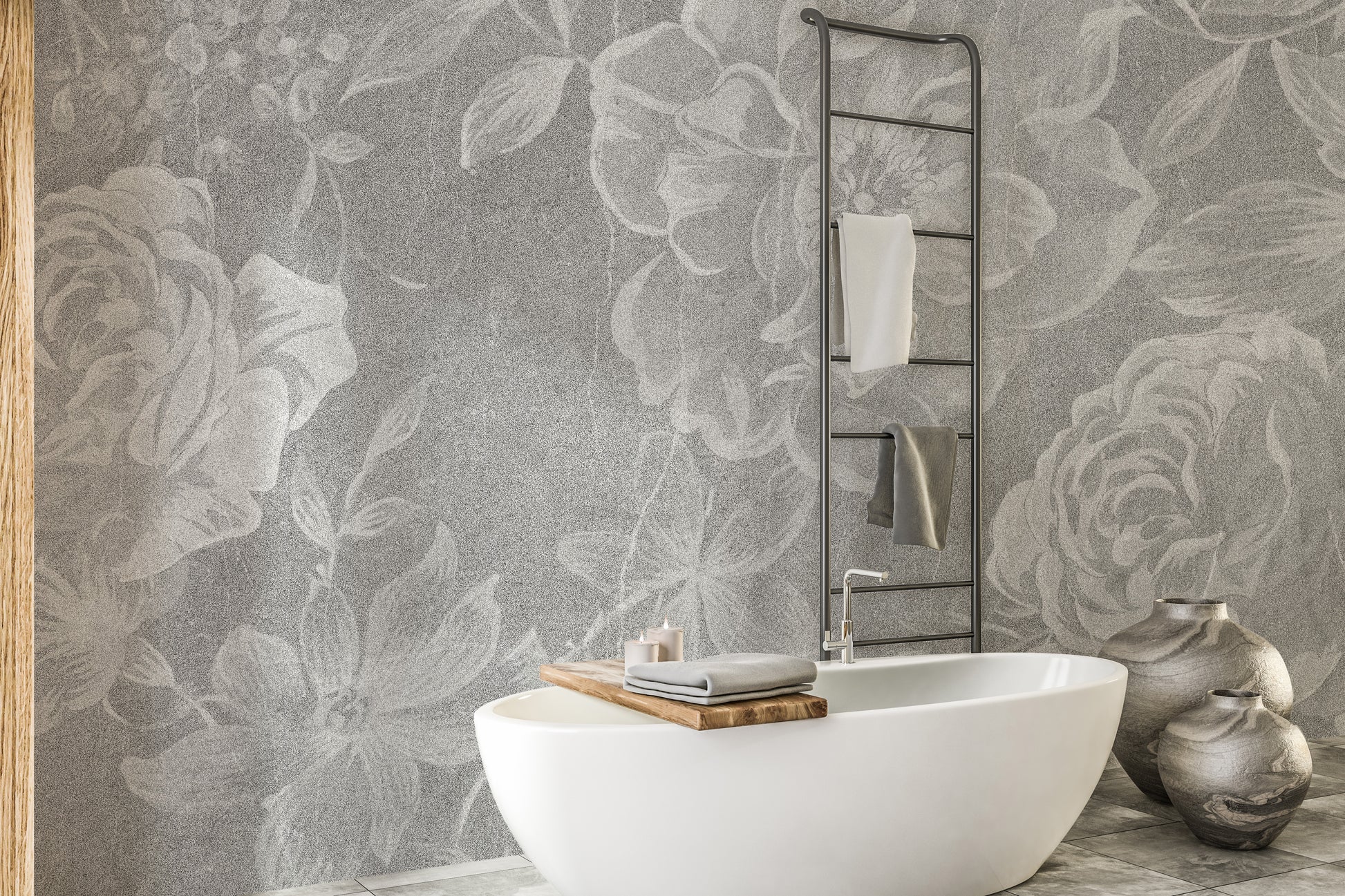 Delicate florals meet rustic white wallpaper