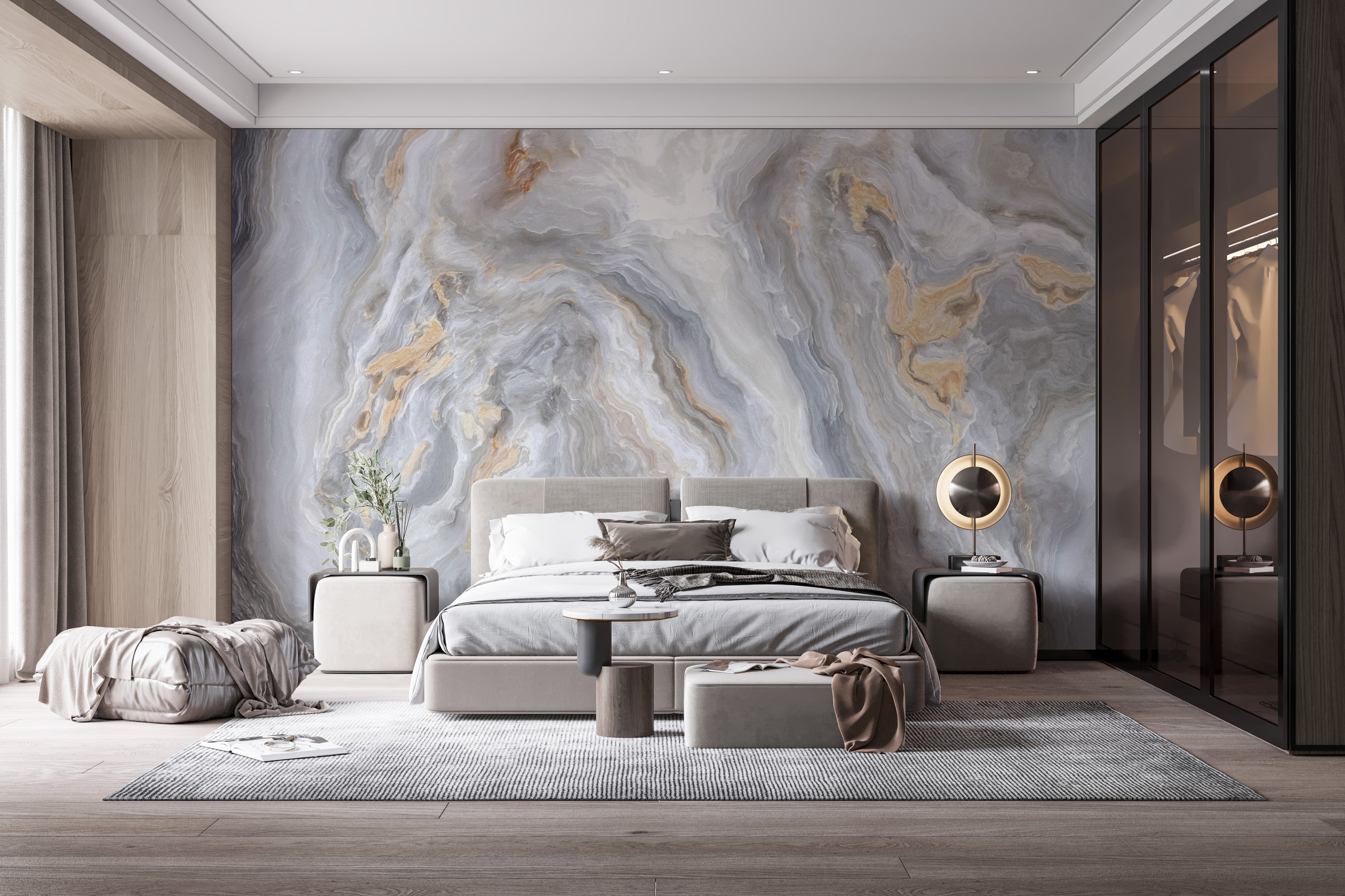 Sophisticated marble mural with gold hues