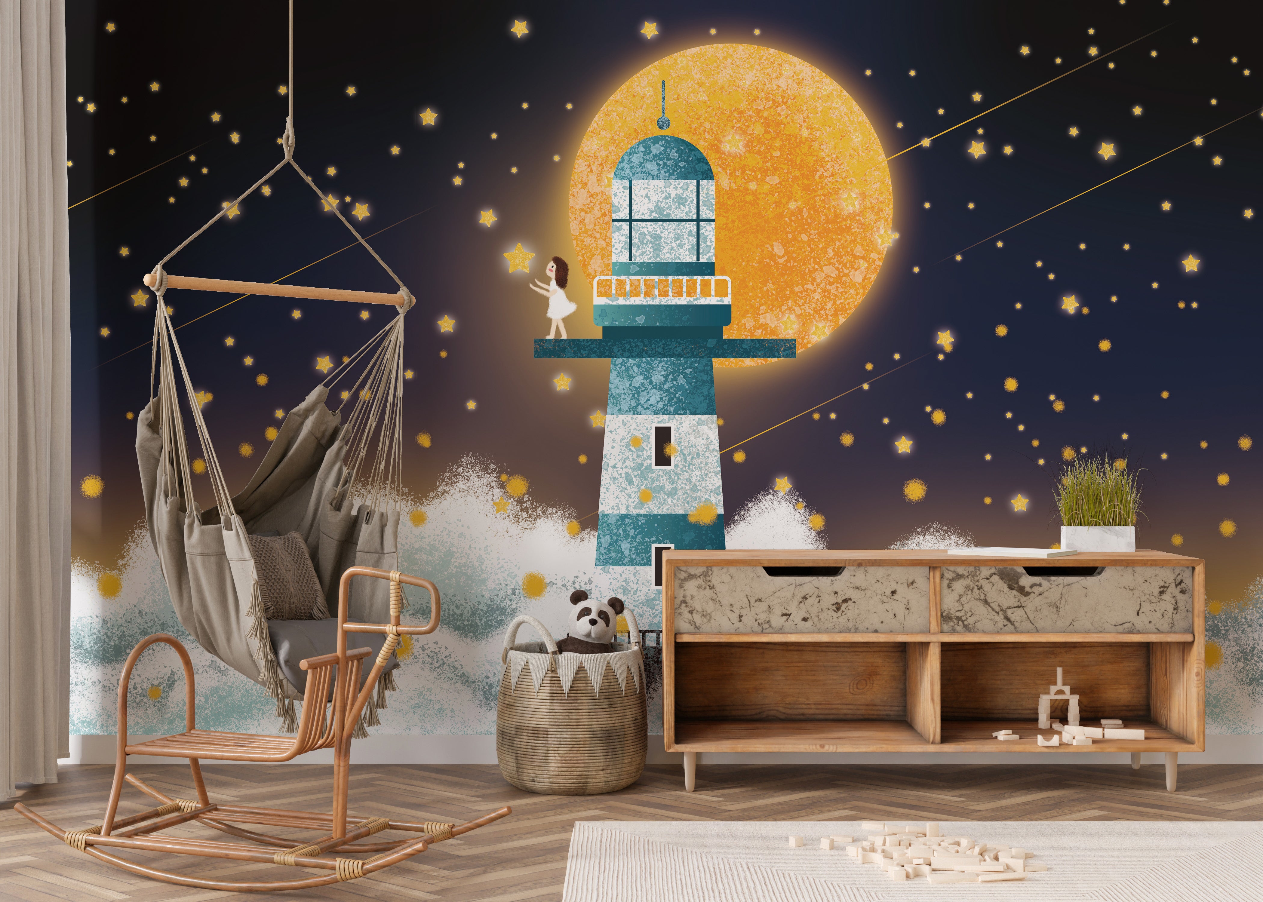 Lighthouse under a celestial sky mural