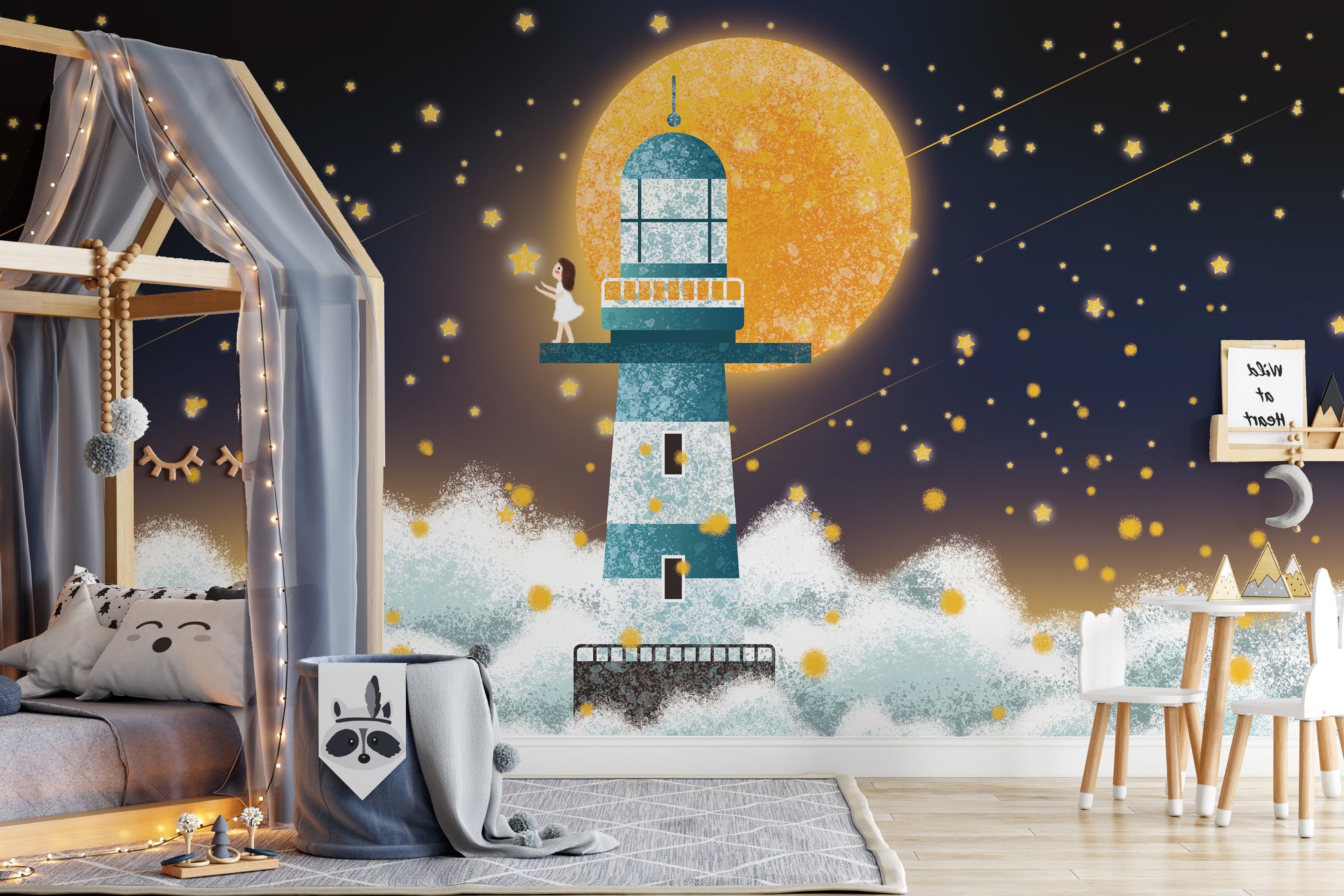 Starlit ocean waves mural with moonlight