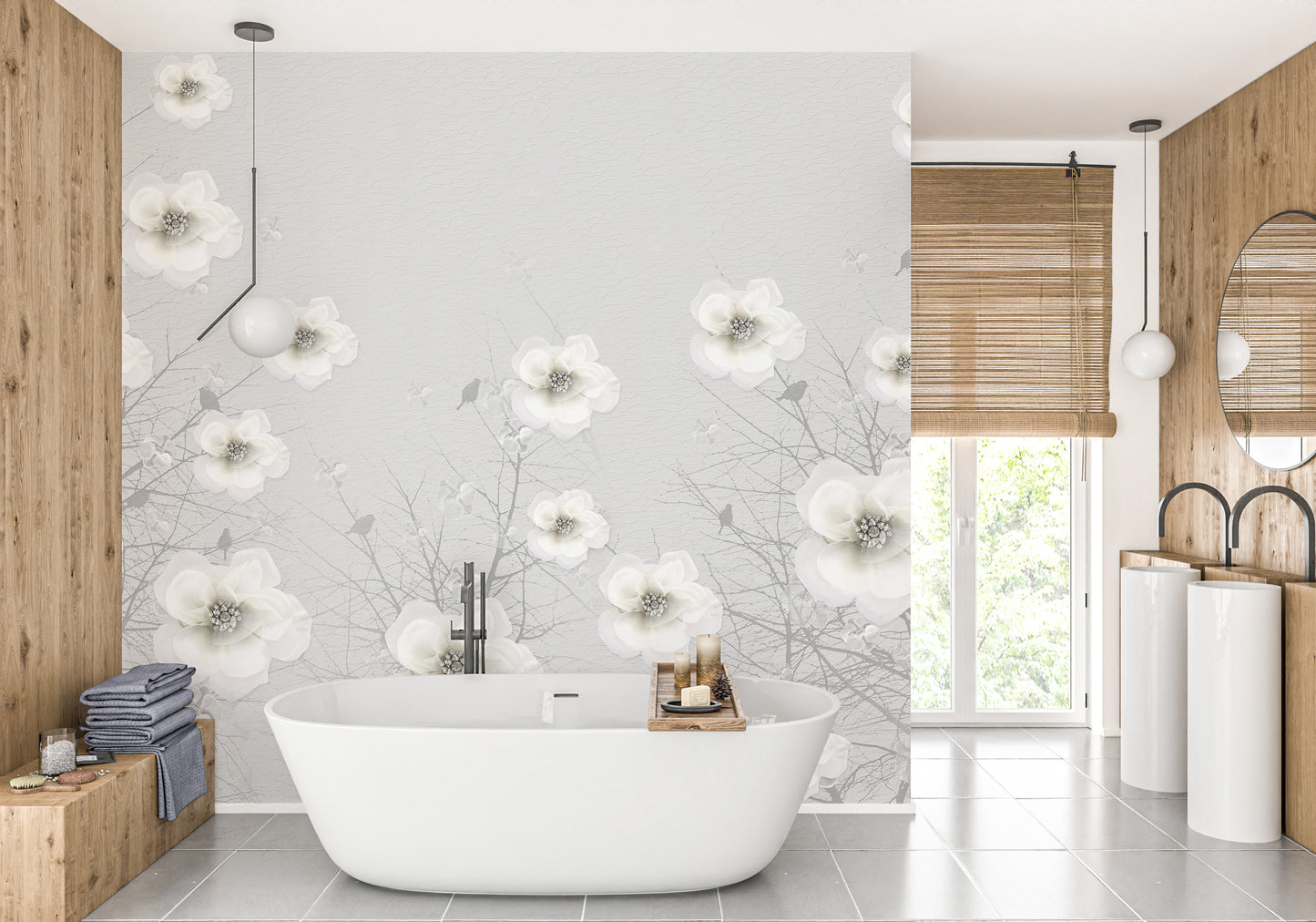 Gray 3D Flowers Wallpaper Murals