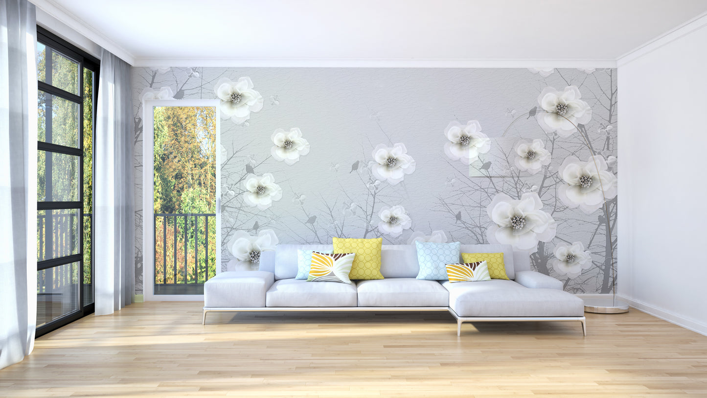 Gray 3D Flowers Wallpaper Murals