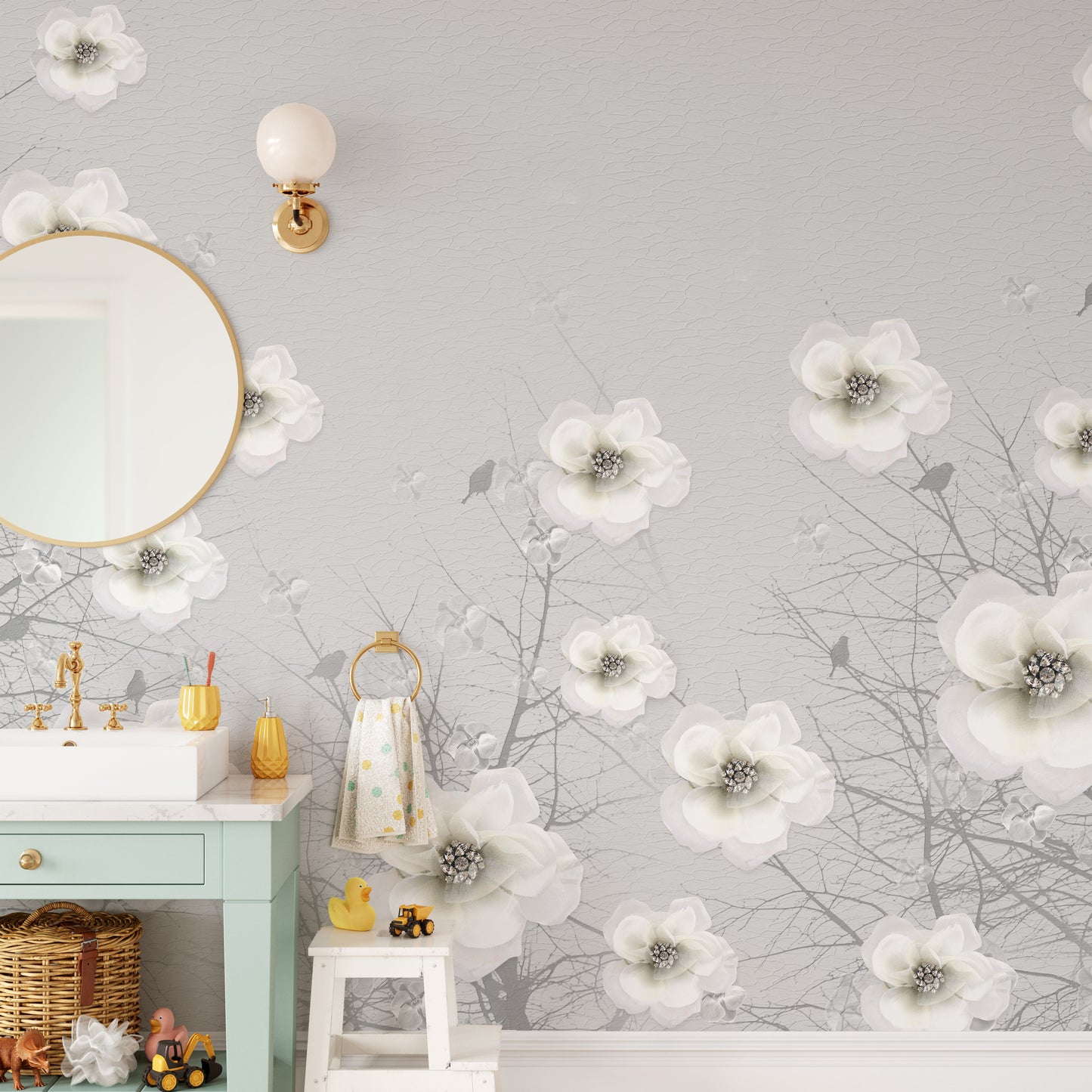 Gray 3D Flowers Wallpaper Murals