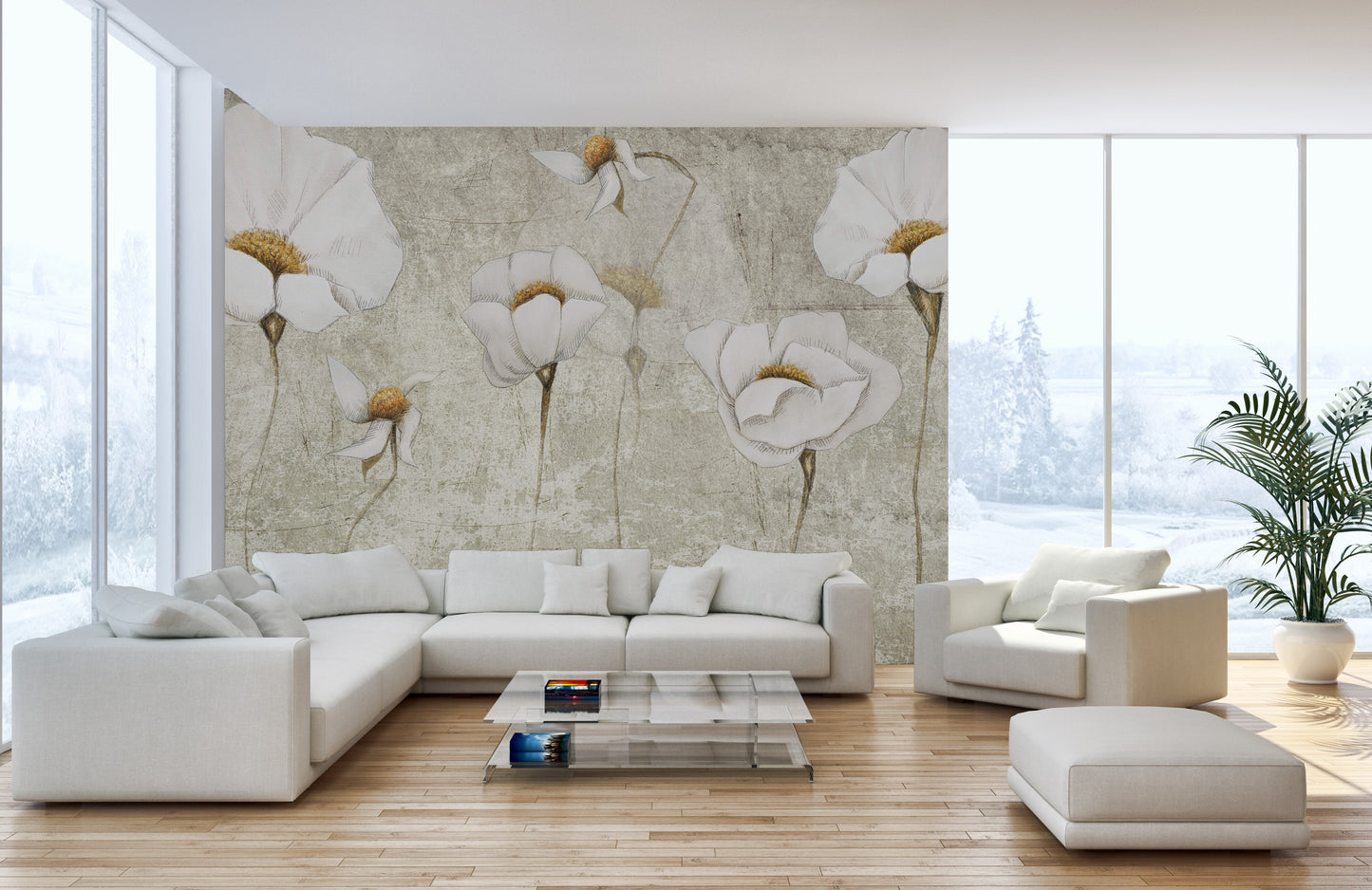 Nature-inspired white floral wallpaper 