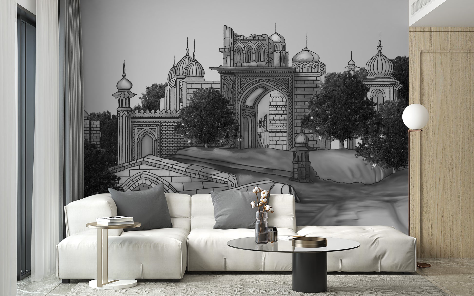 Black-and-white Mughal architecture wallpaper