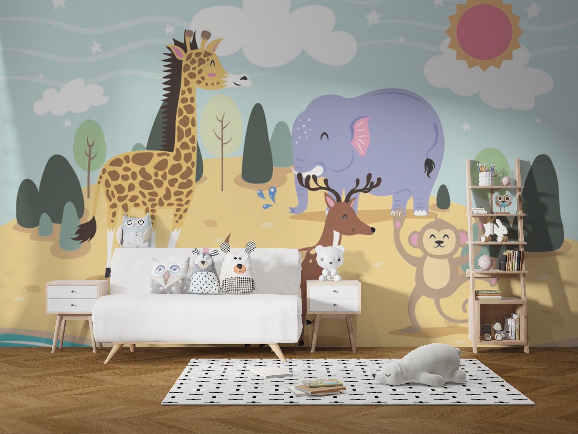 Charming safari wallpaper with a sunny island vibe