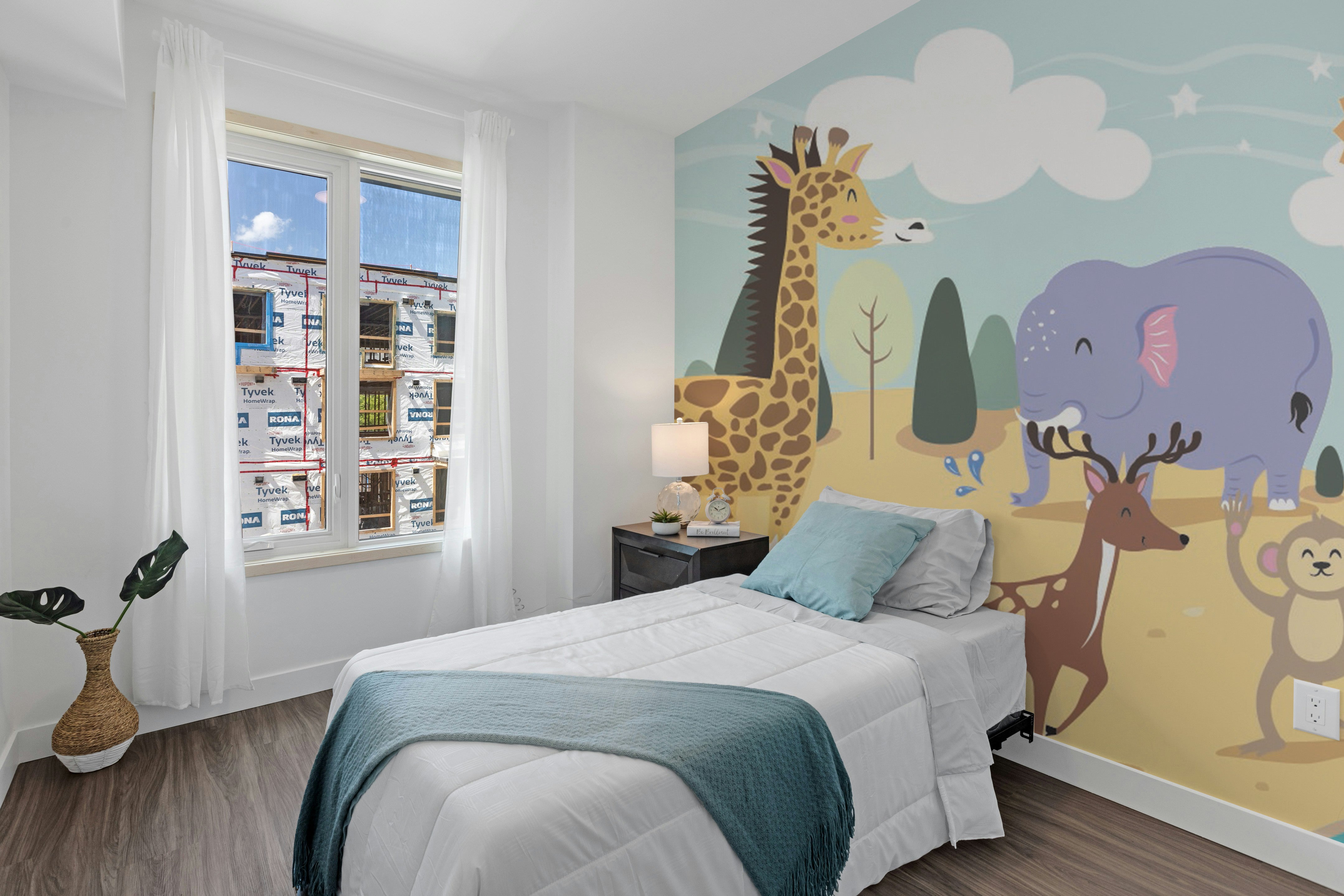 Whimsical giraffe and elephant wallpaper 