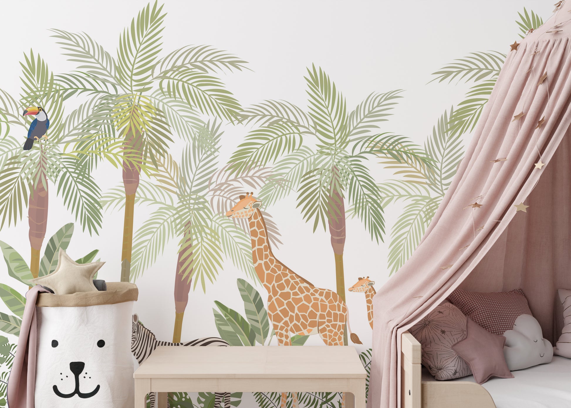 Wildlife wallpaper with flamingos and toucans