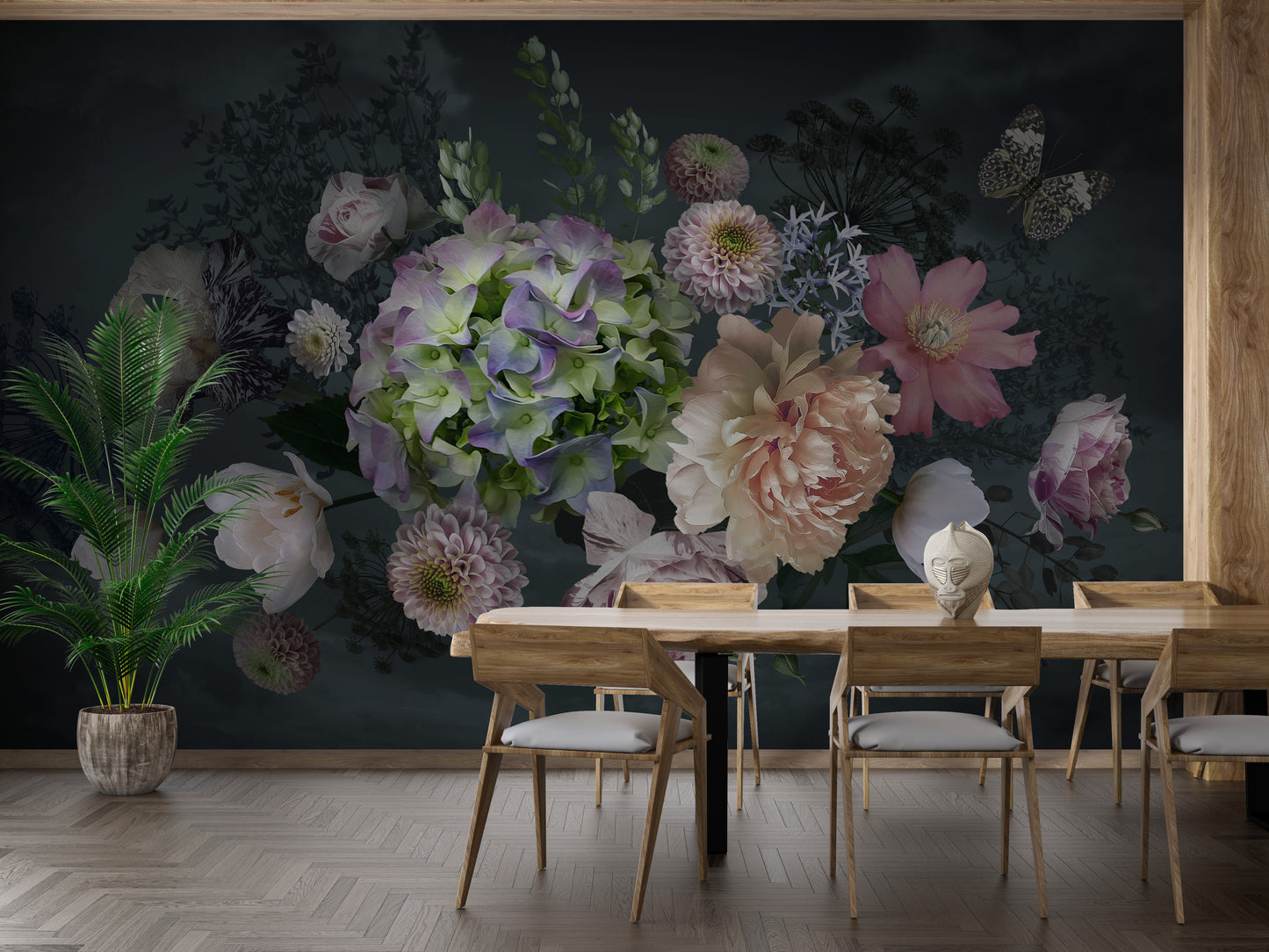 Bouquet Peonies Flower on Black Background Wallpaper Murals