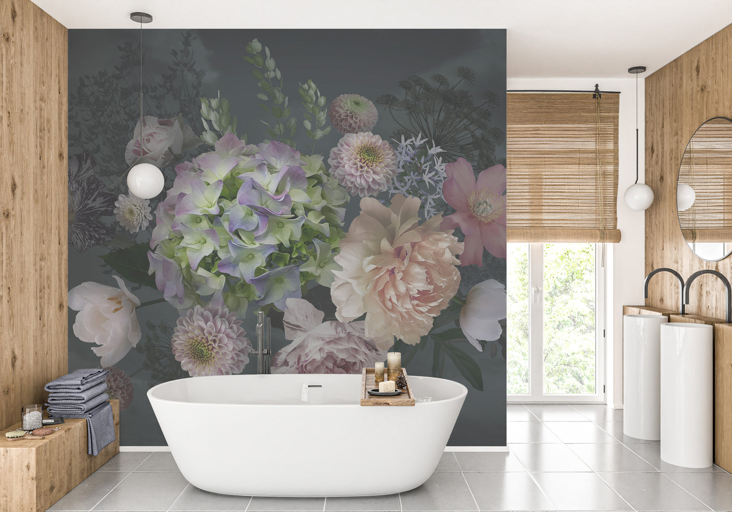 Bouquet Peonies Flower on Black Background Wallpaper Murals