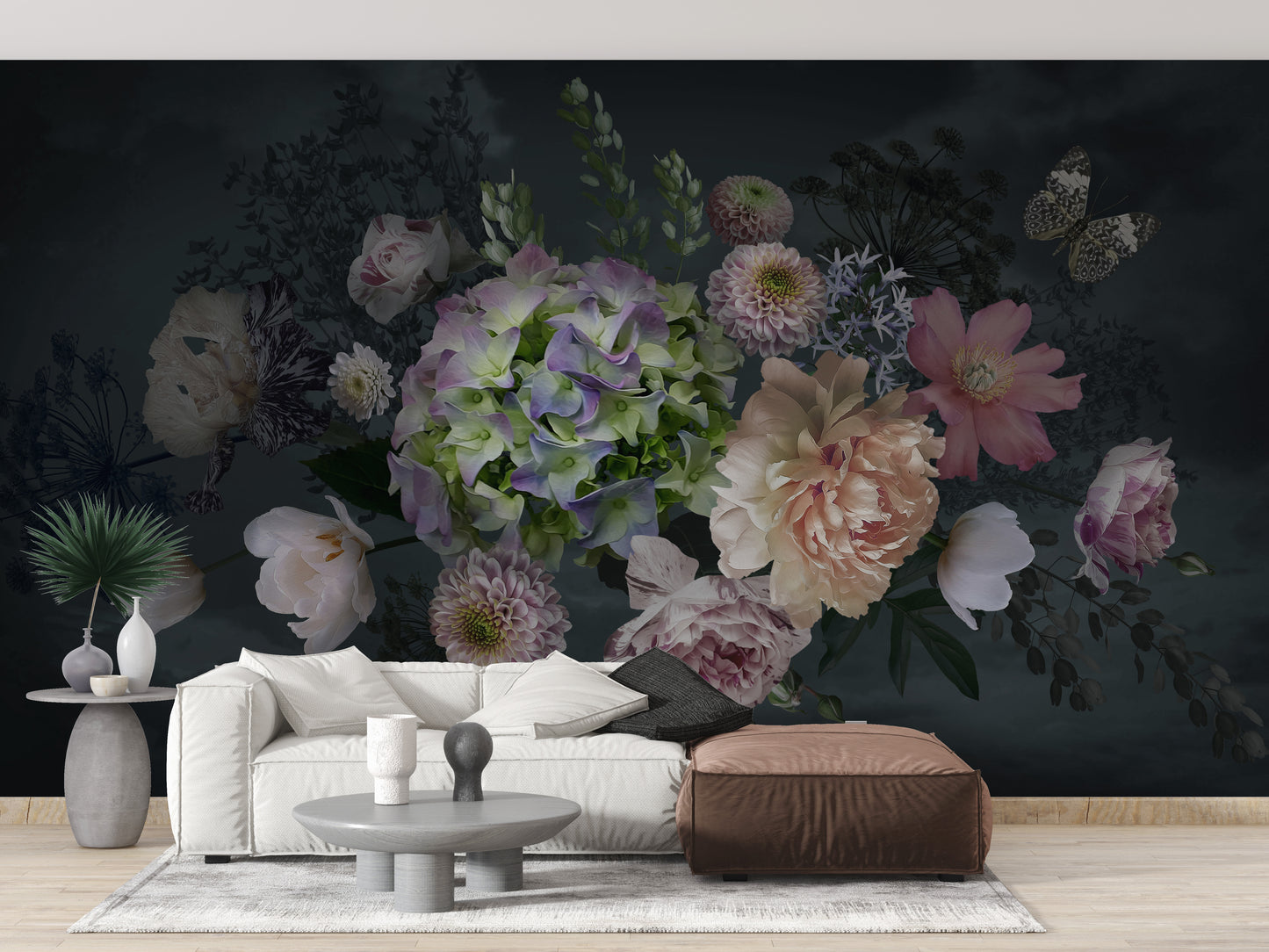 Bouquet Peonies Flower on Black Background Wallpaper Murals