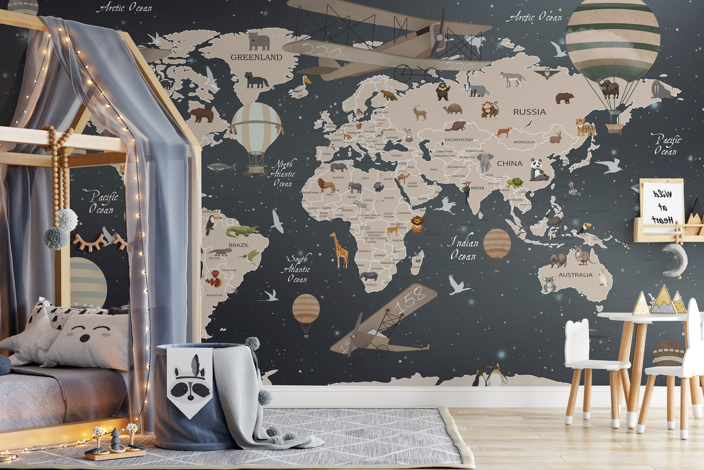 Animals world map wallpaper mural