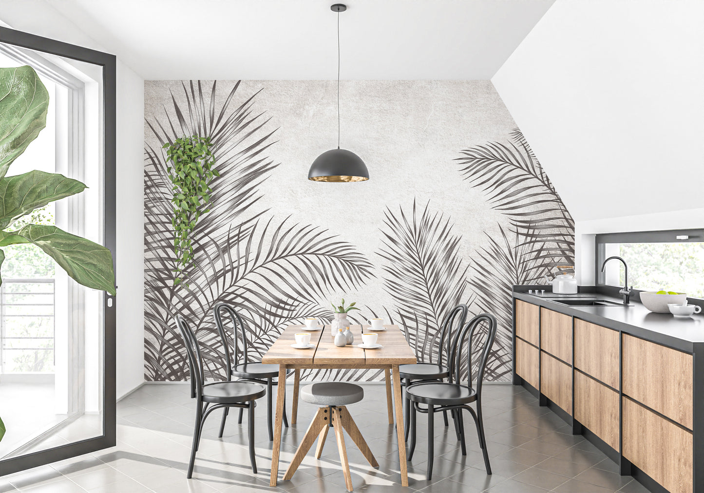 Tropical palm leaf mural in elegant tones