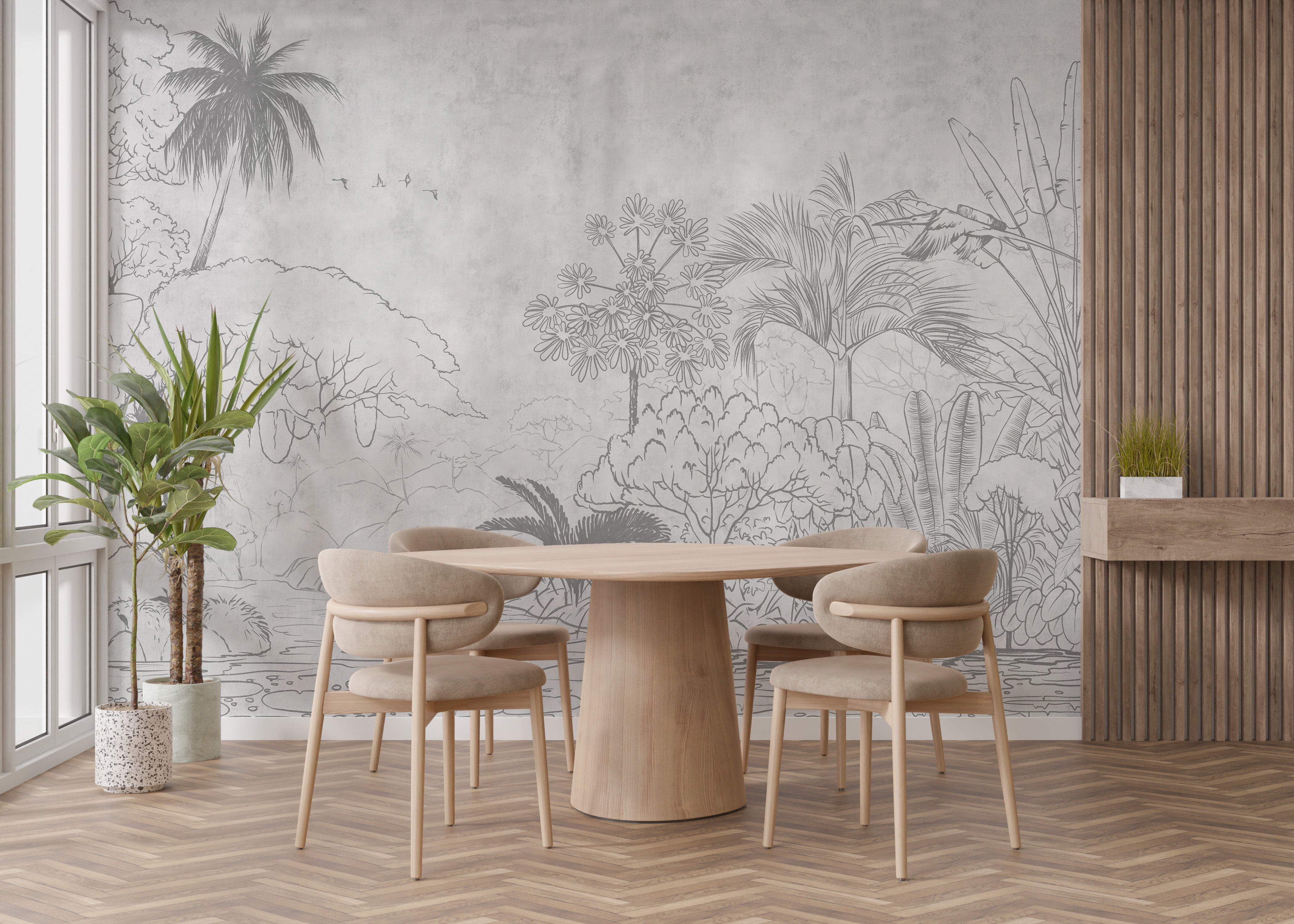 Serene jungle-inspired wallpaper in grayscale