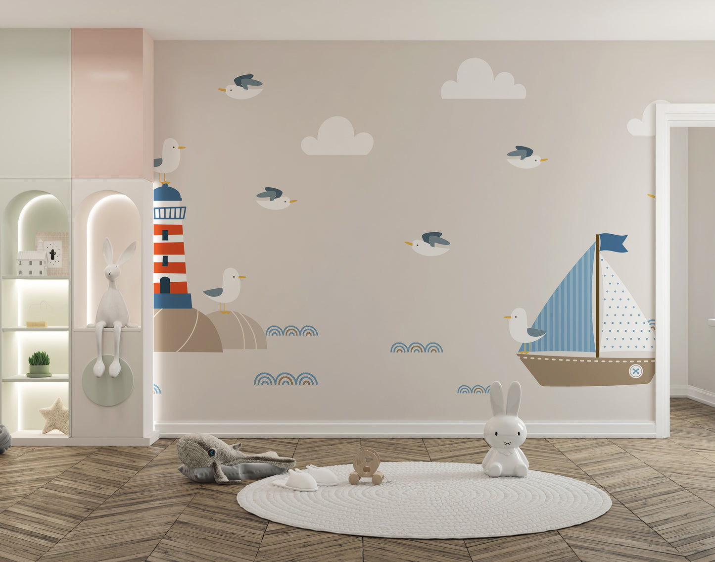 Summer Design Lighthouse Sailboat Cartoon Style Wallpaper Murals