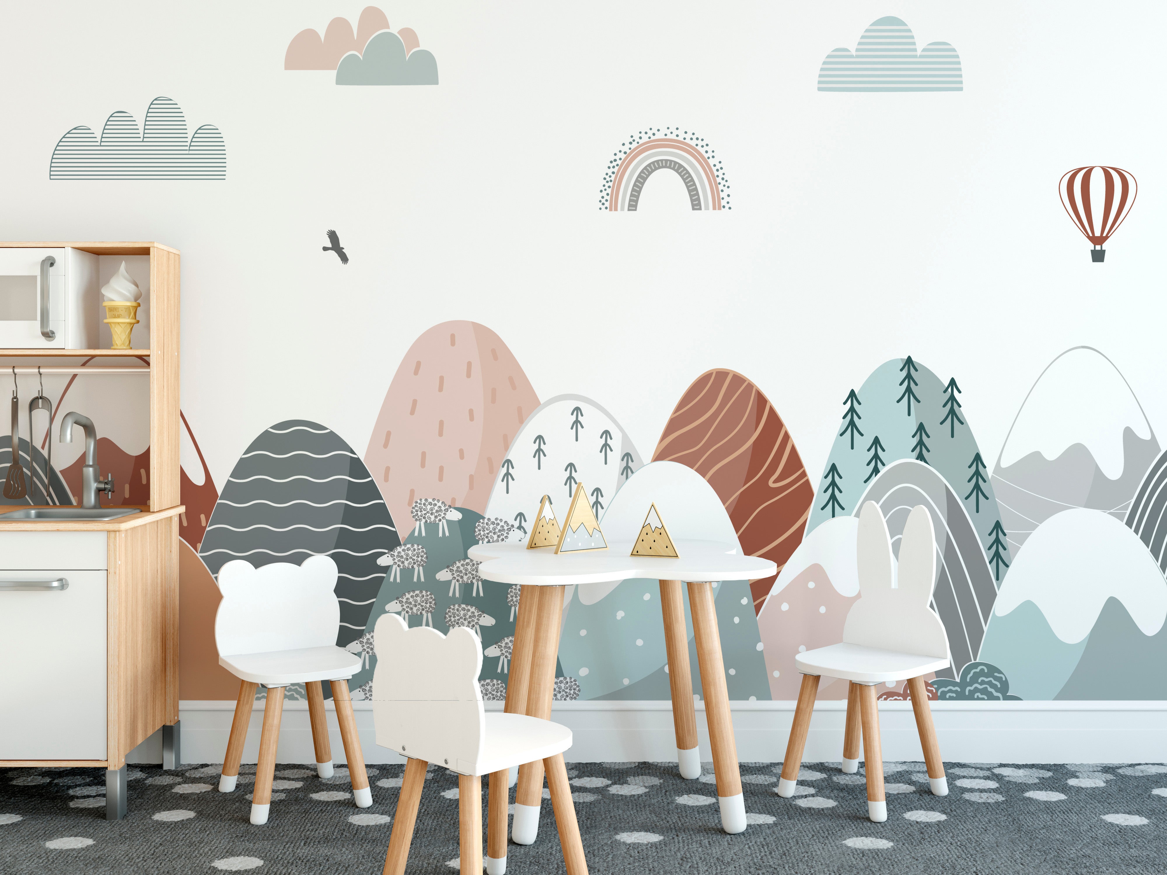 Kids' colorful mountain-themed wallpaper