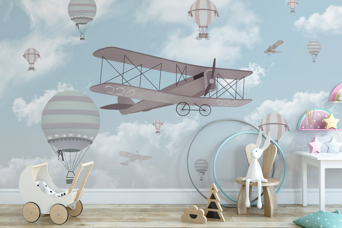 Biplane In The Sky Kids Room Wallpaper