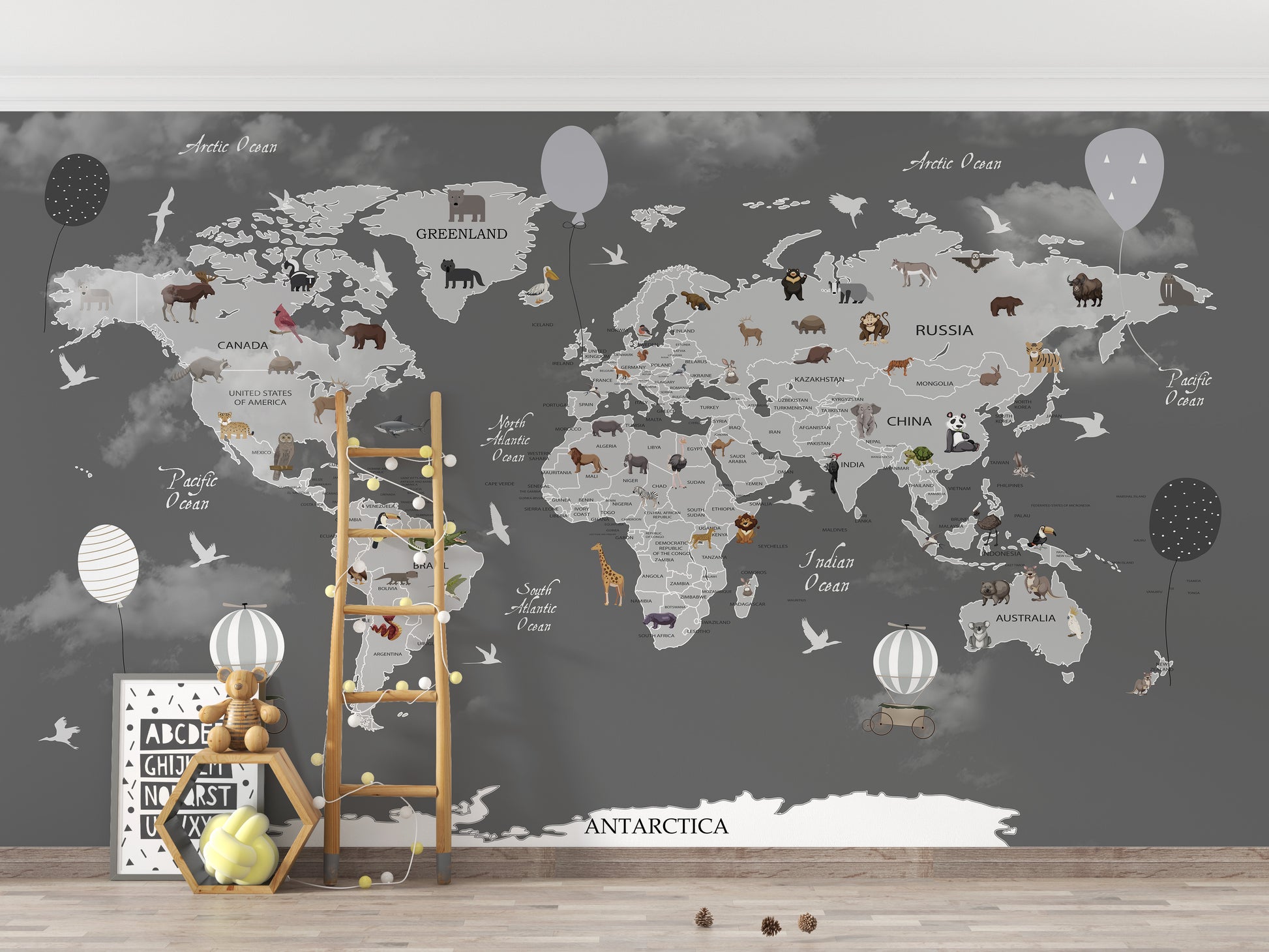 Animal-themed world map wallpaper