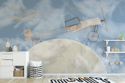 Vintage biplanes soaring on mural wallpaper