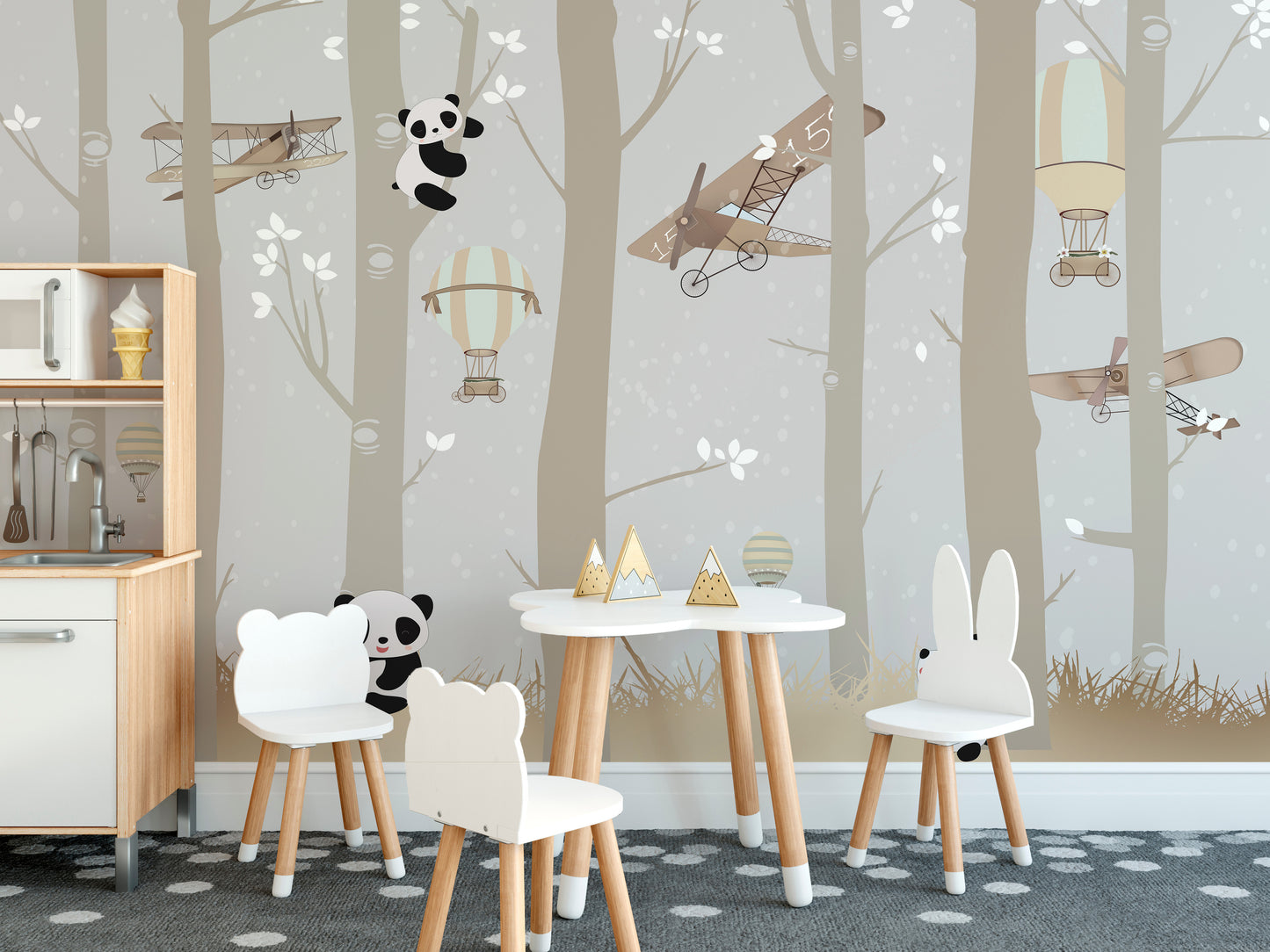 Pandas playing in woodland scene
