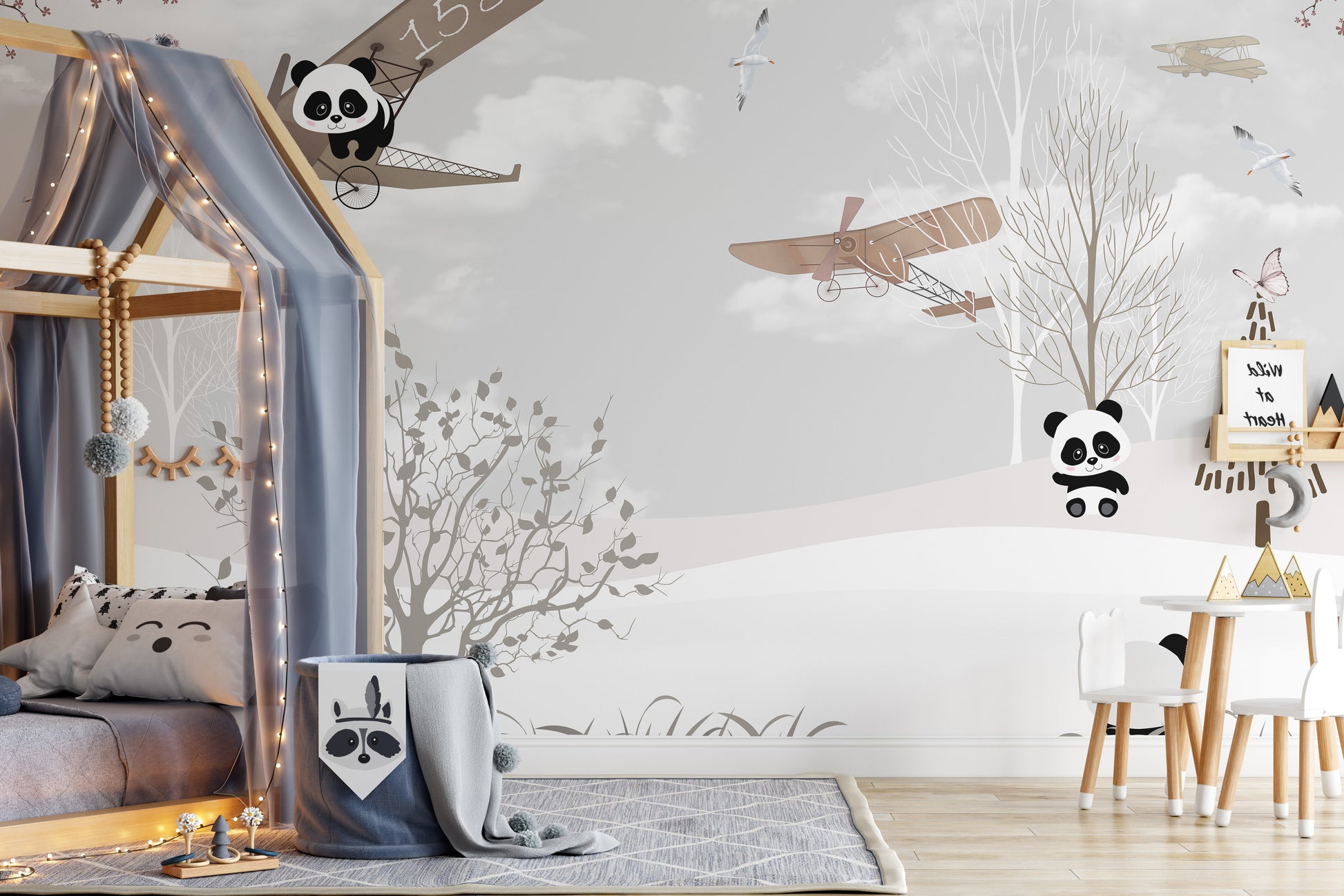 Playful pandas in a serene wallpaper