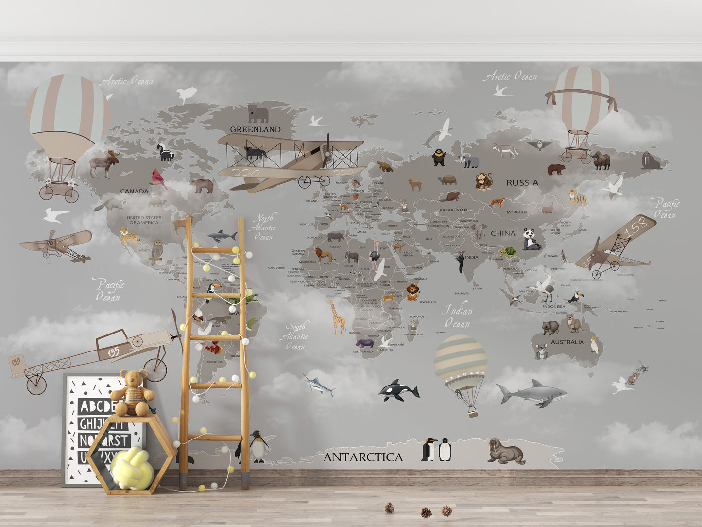 Gray World Map Kids Room Wallpaper