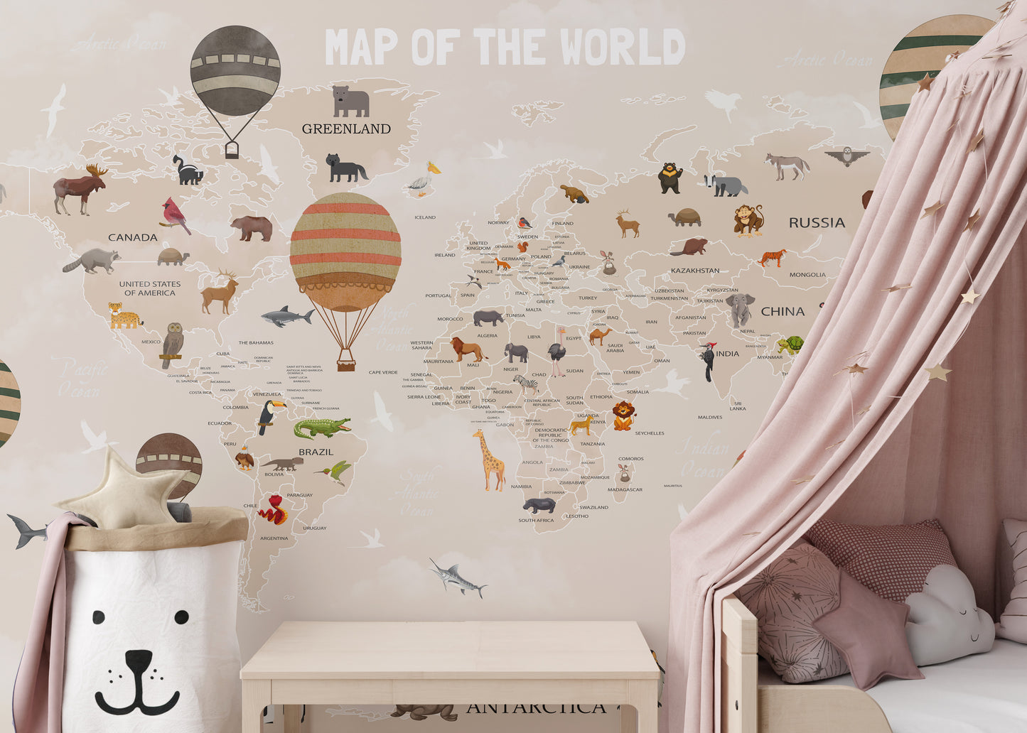 world map mural with cute illustrations