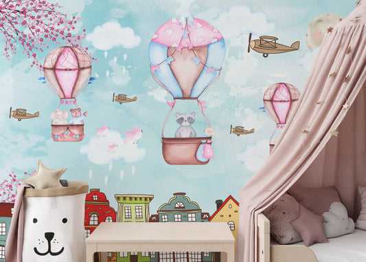 Dreamy kids mural with floating hot balloons