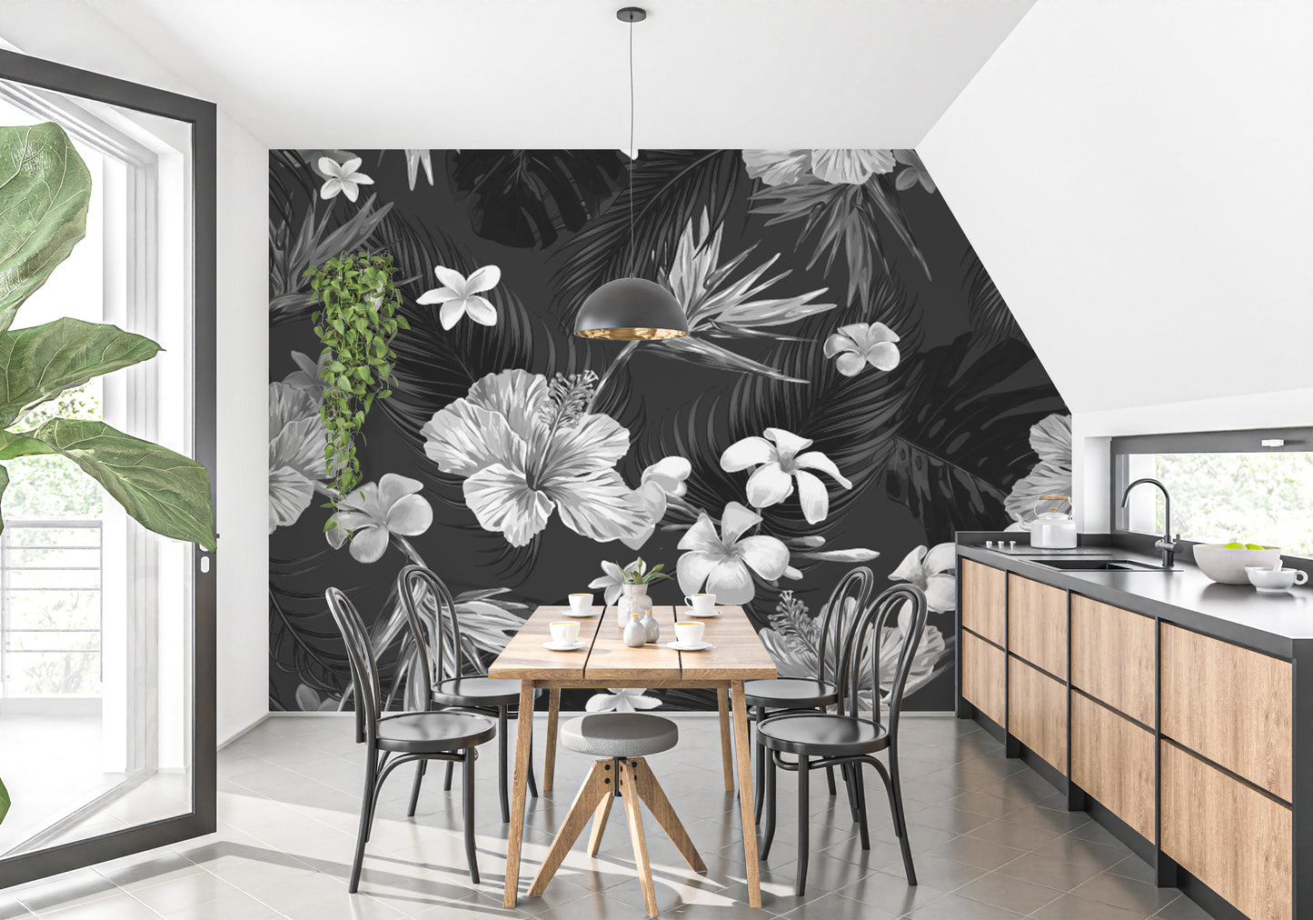 Timeless floral mural in monochrome