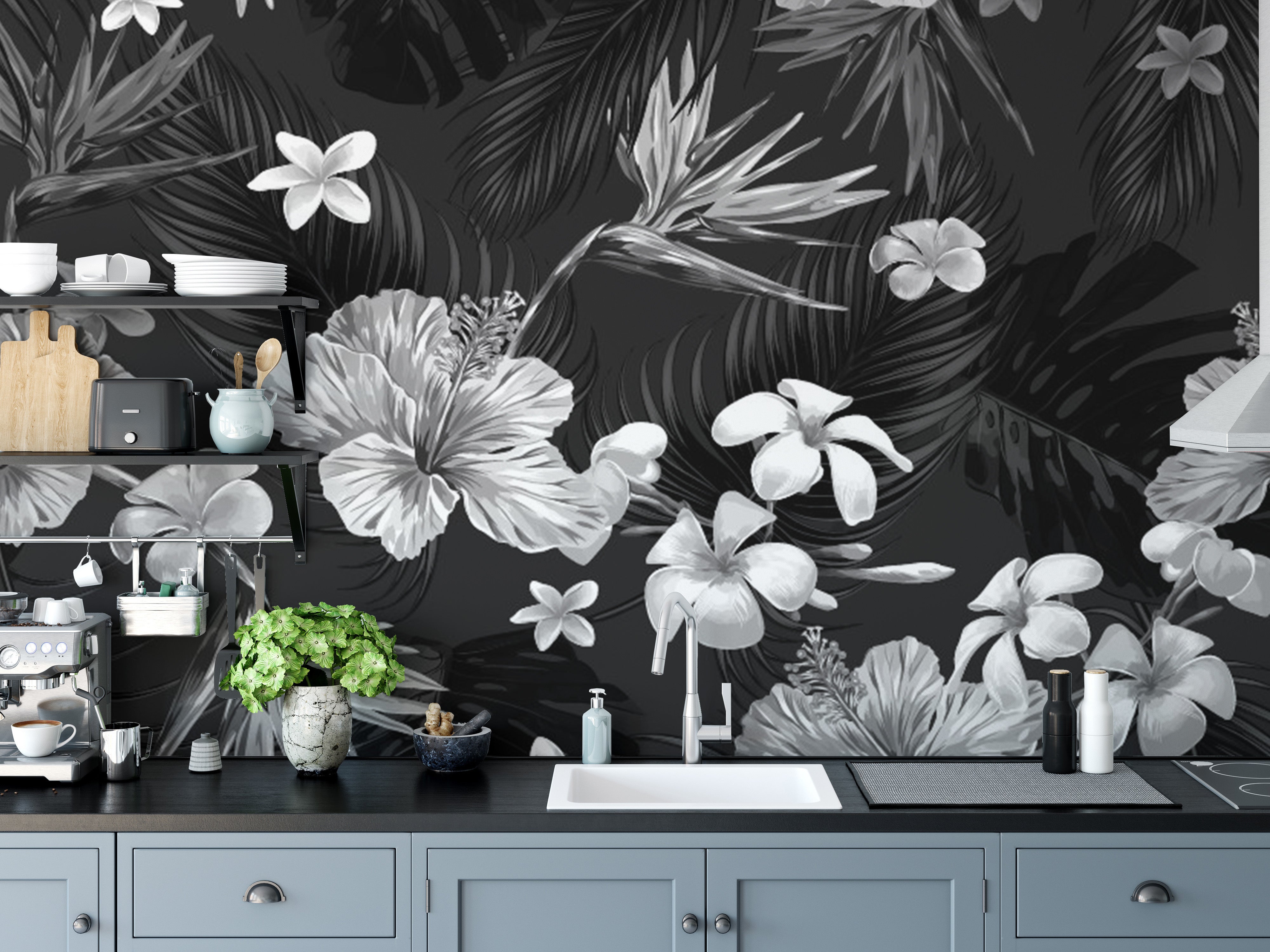 Bold and timeless black floral wall mural