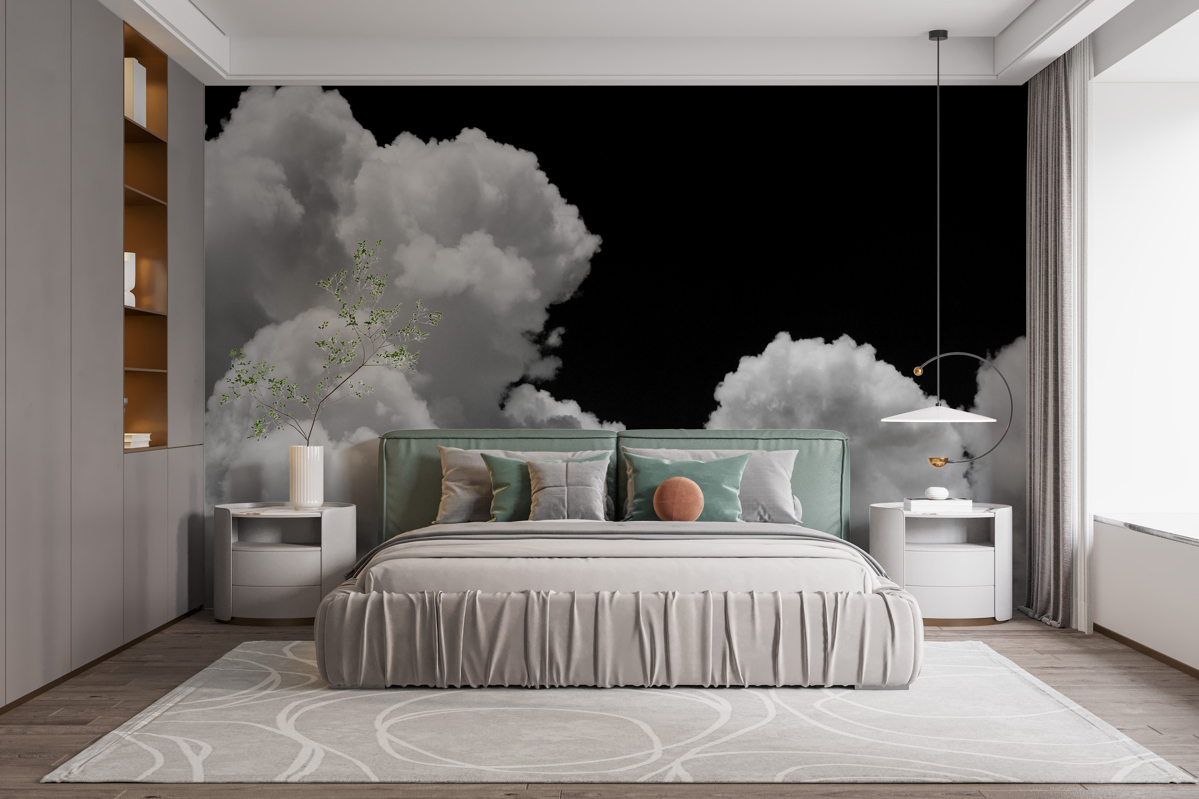 Bold cloud mural with monochrome contrast