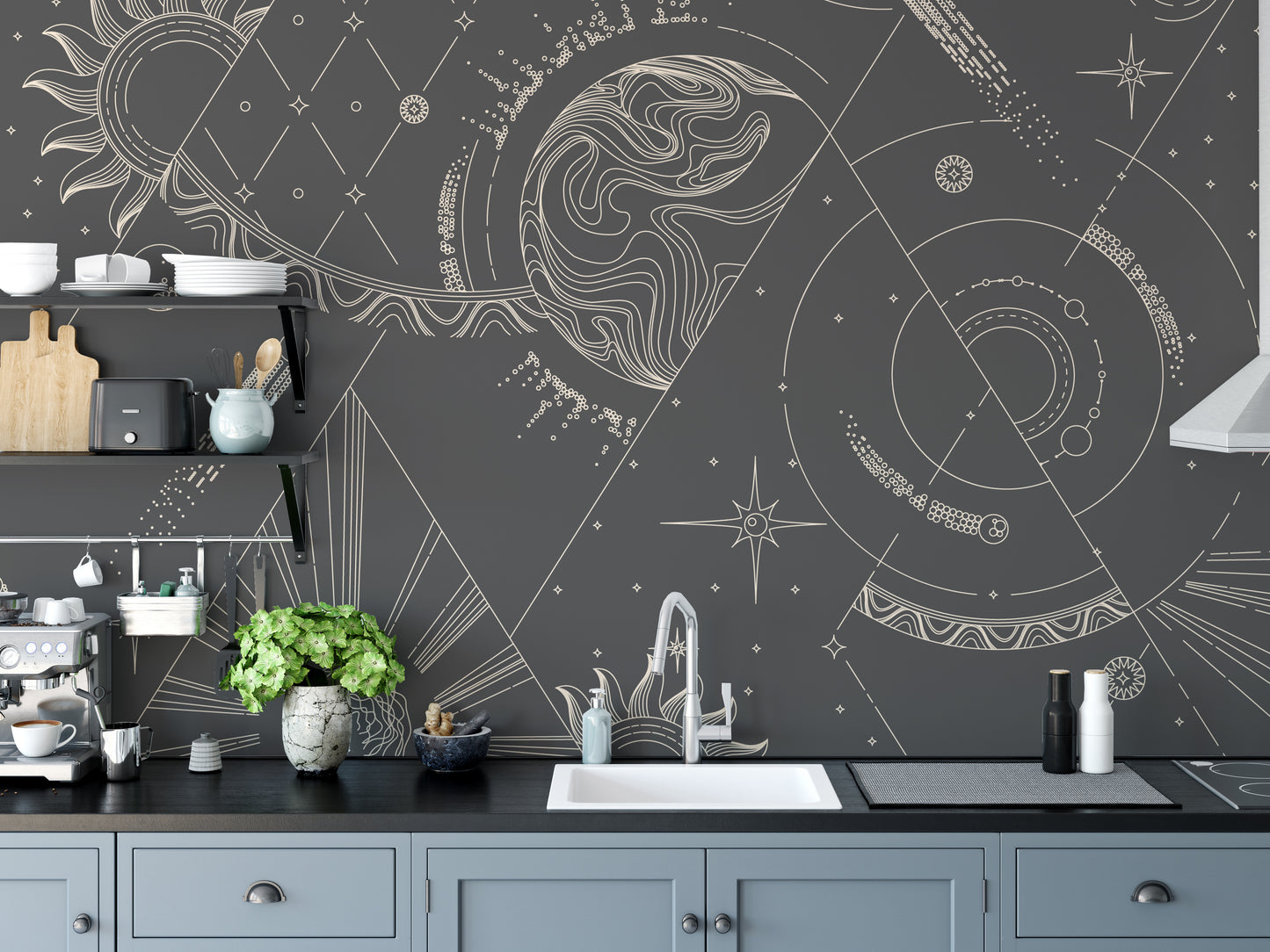 Abstract mural with celestial shapes