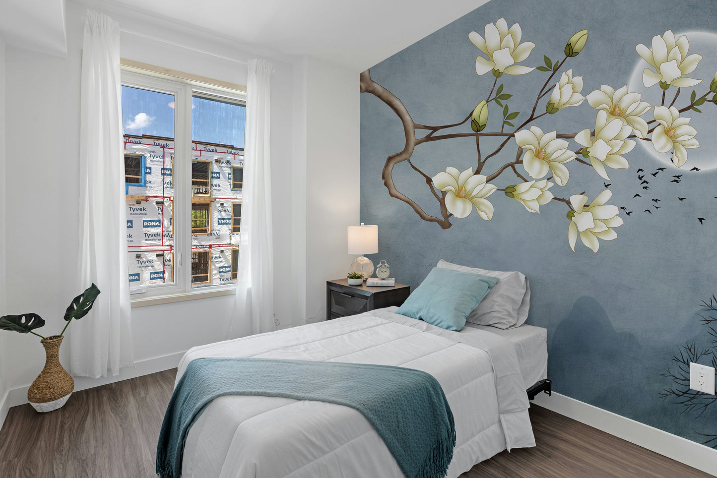 Blue Moon & White Flower Wallpaper Murals