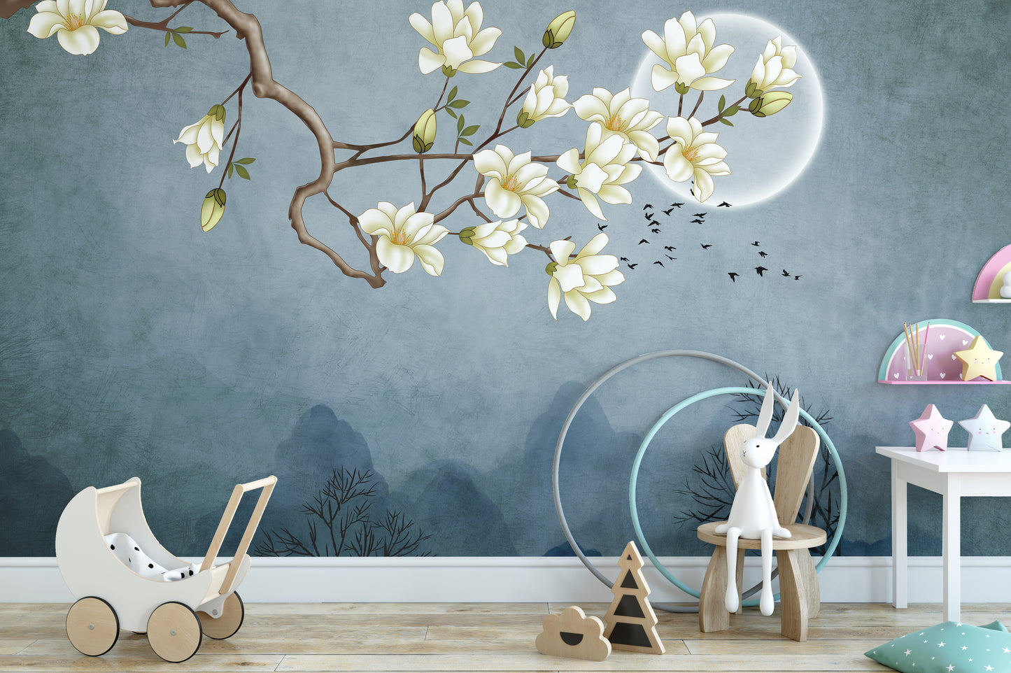 Blue Moon & White Flower Wallpaper Murals