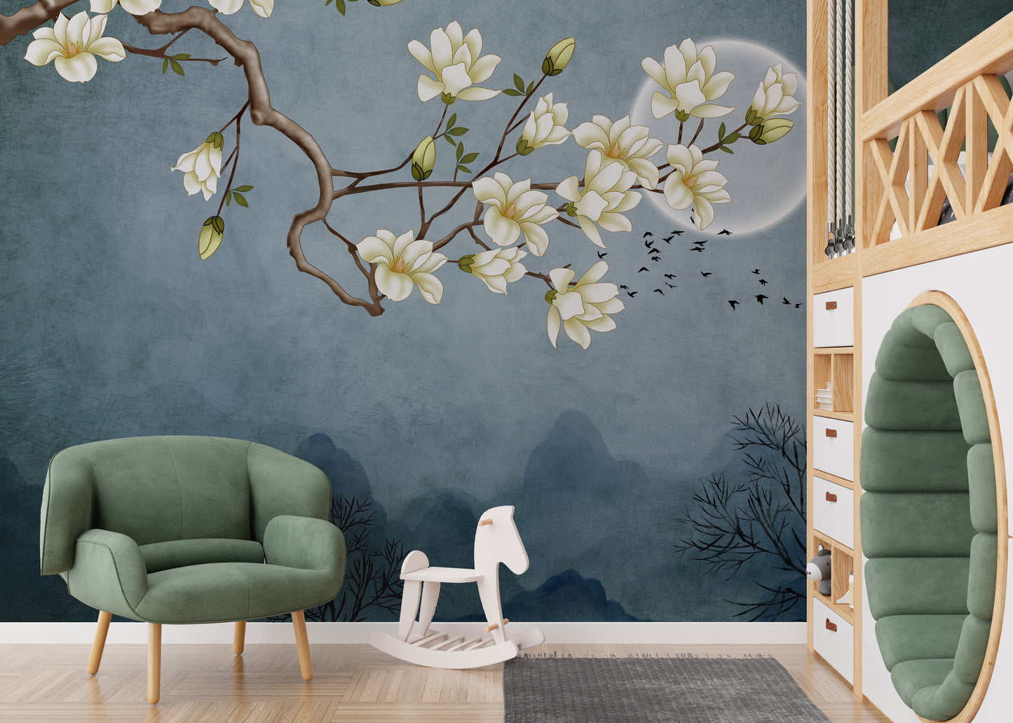 Blue Moon & White Flower Wallpaper Murals