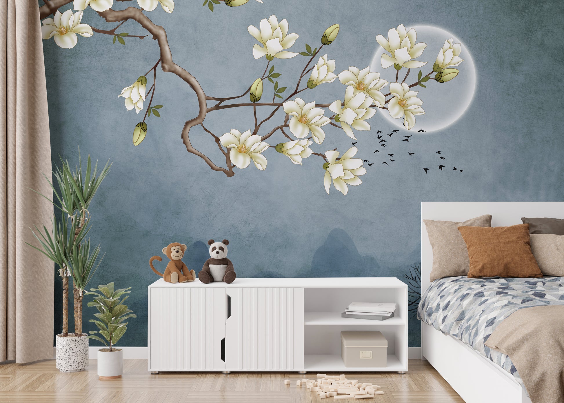 Blue Moon and White Flower Wallpaper Murals