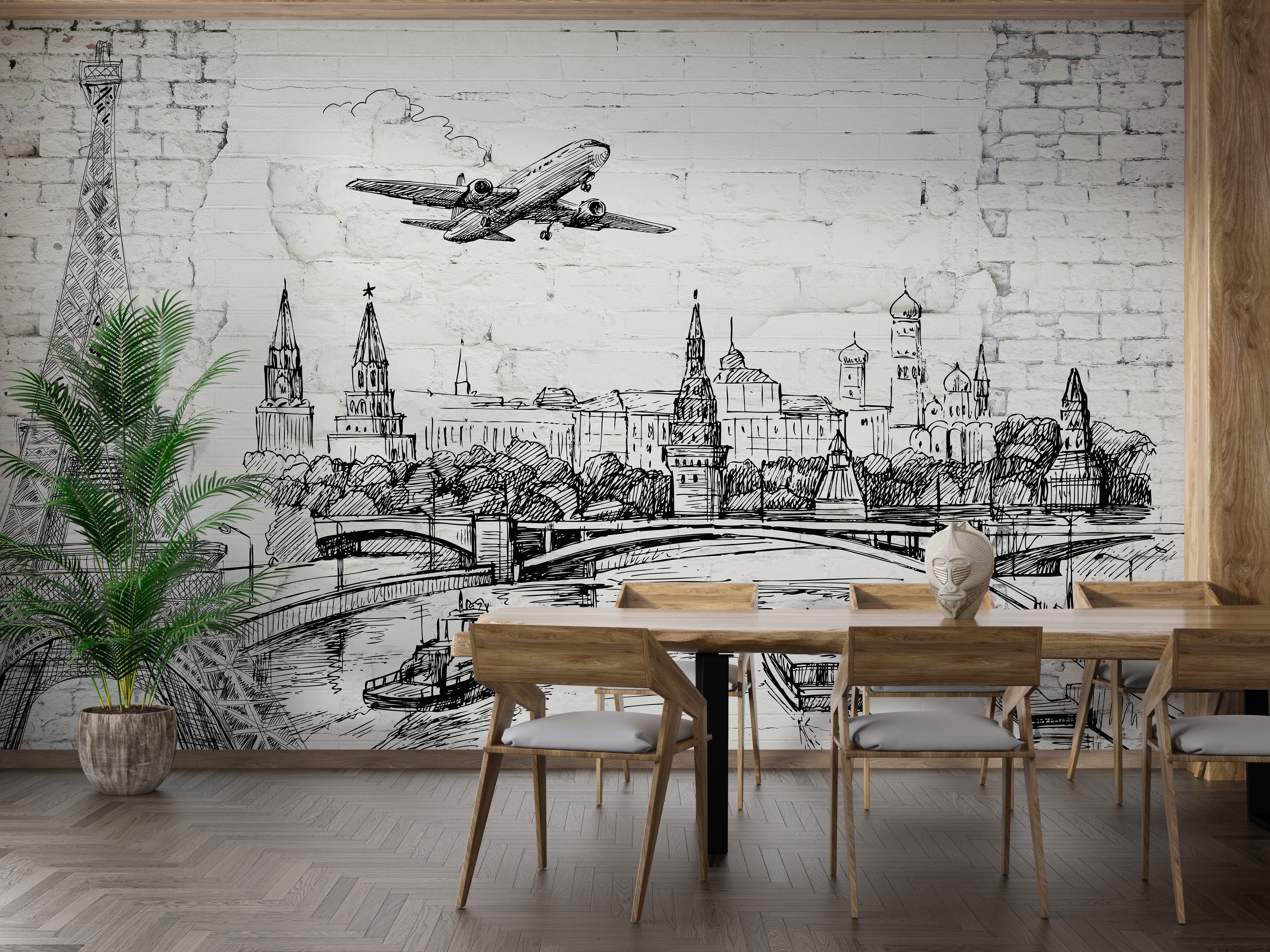 Old Brick wallpaper mural with World Landmarks for stylish walls