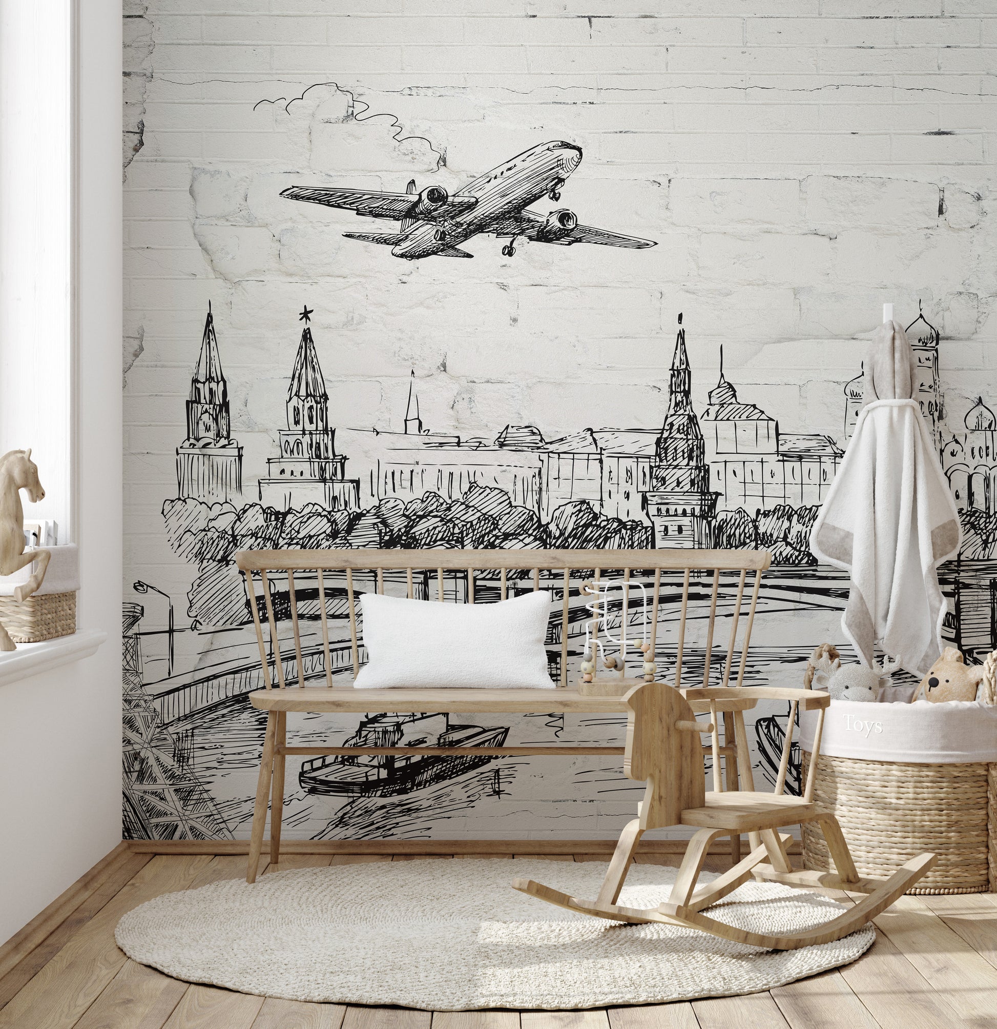 Removable wallpaper featuring World Landmarks on Old Brick wall mural