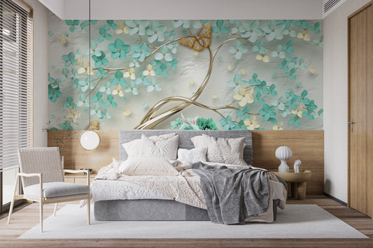 Green Flowers Golden Butterfly Wallpaper Murals