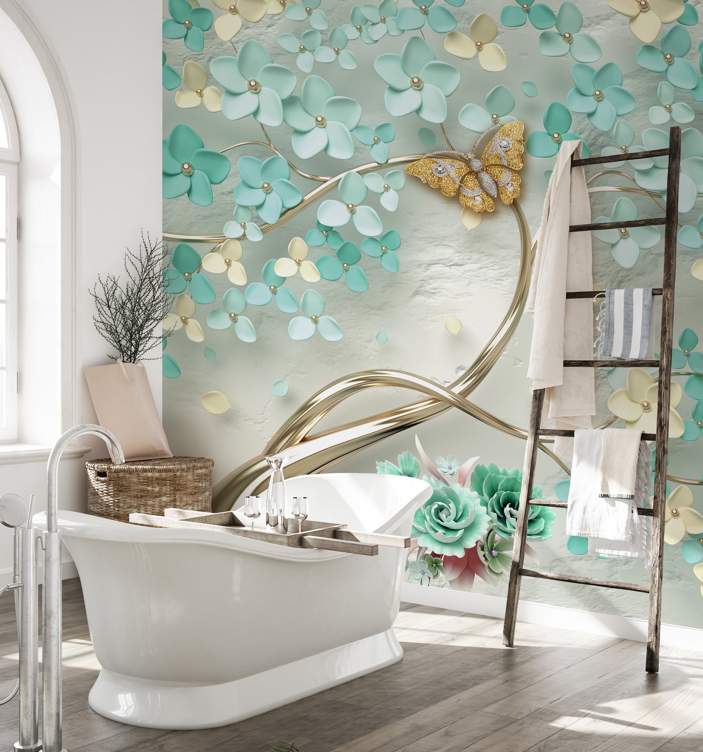 Golden butterfly mural with lush green flower design