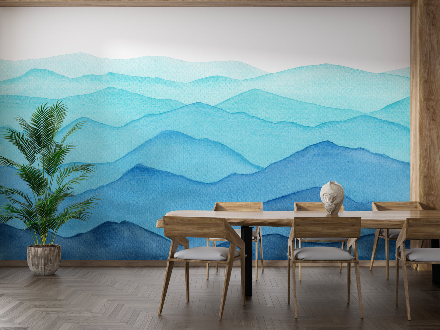 Blue Watercolor Waves Mountains Wallpaper Murals