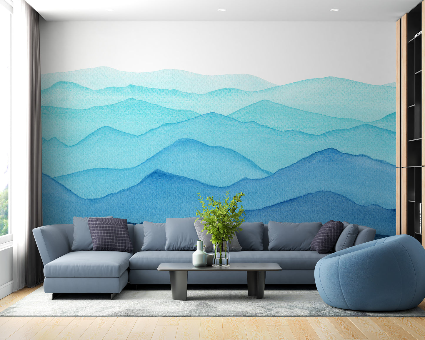 Blue Watercolor Waves Mountains Wallpaper Murals