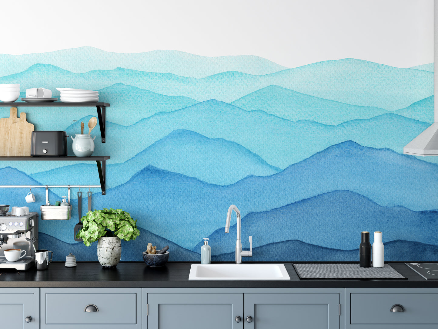 Blue Watercolor Waves Mountains Wallpaper Murals