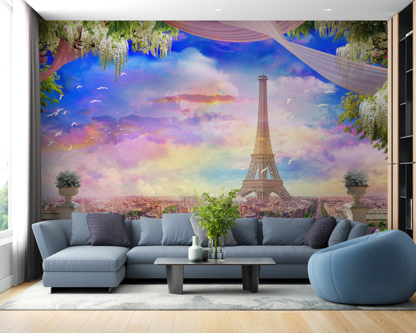 Balcony Eiffel Tower Pink Sunset Wallpaper Mural