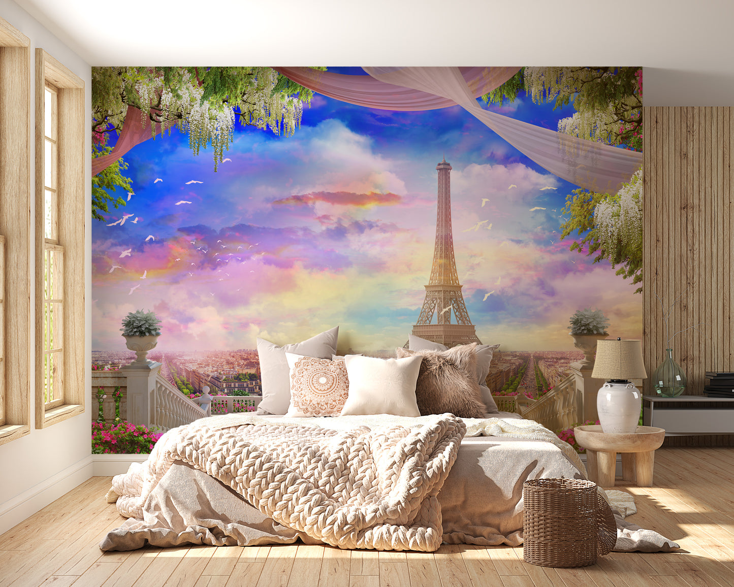 Balcony Eiffel Tower Pink Sunset Wallpaper Mural