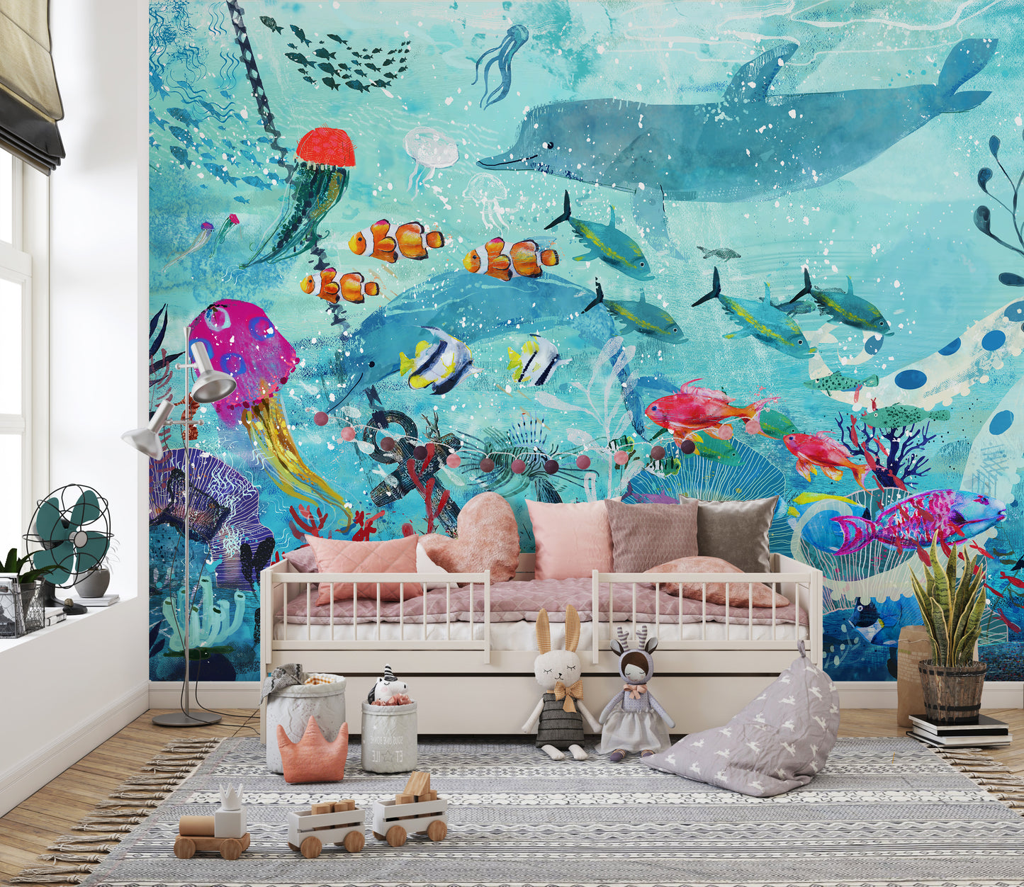 Watercolor Blue Underwater Fish Wallpaper Mural